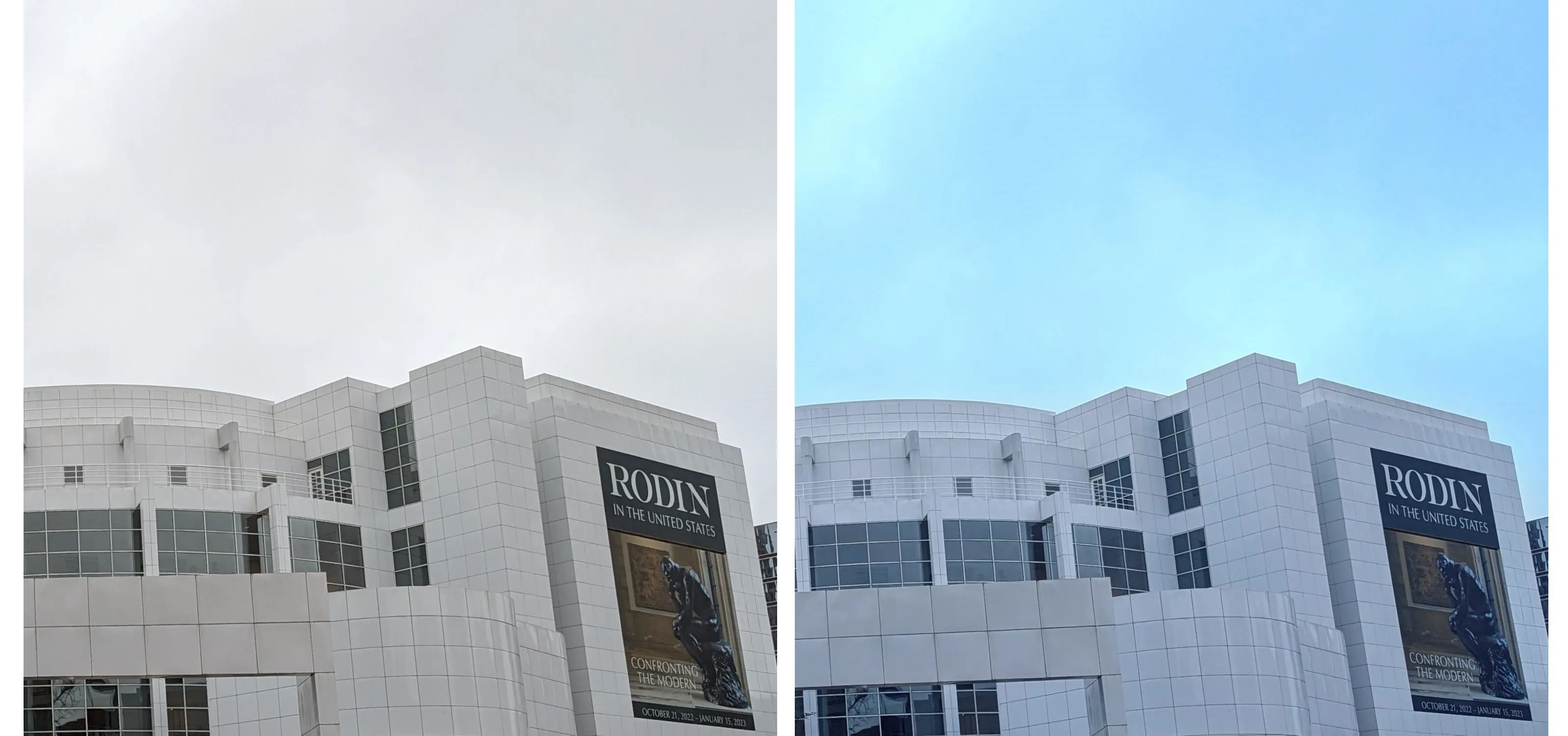 Comparison of a building's facade under cloudy and clear skies.