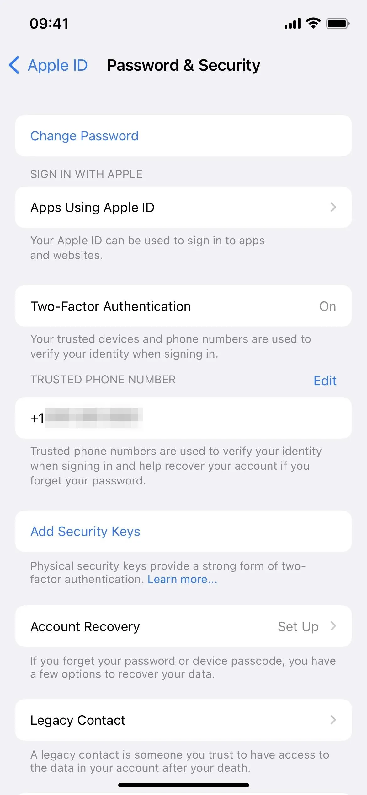 Password and security settings on a mobile device.