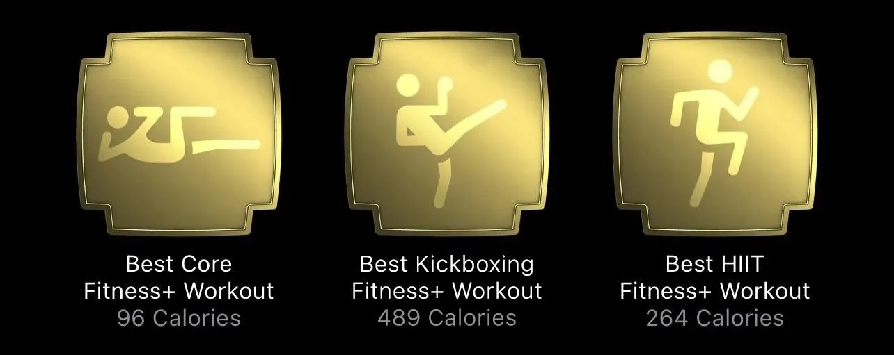 Fitness workout options with calorie counts: Best Core (96 Calories), Best Kickboxing (490 Calories), Best HIIT (264 Calories).