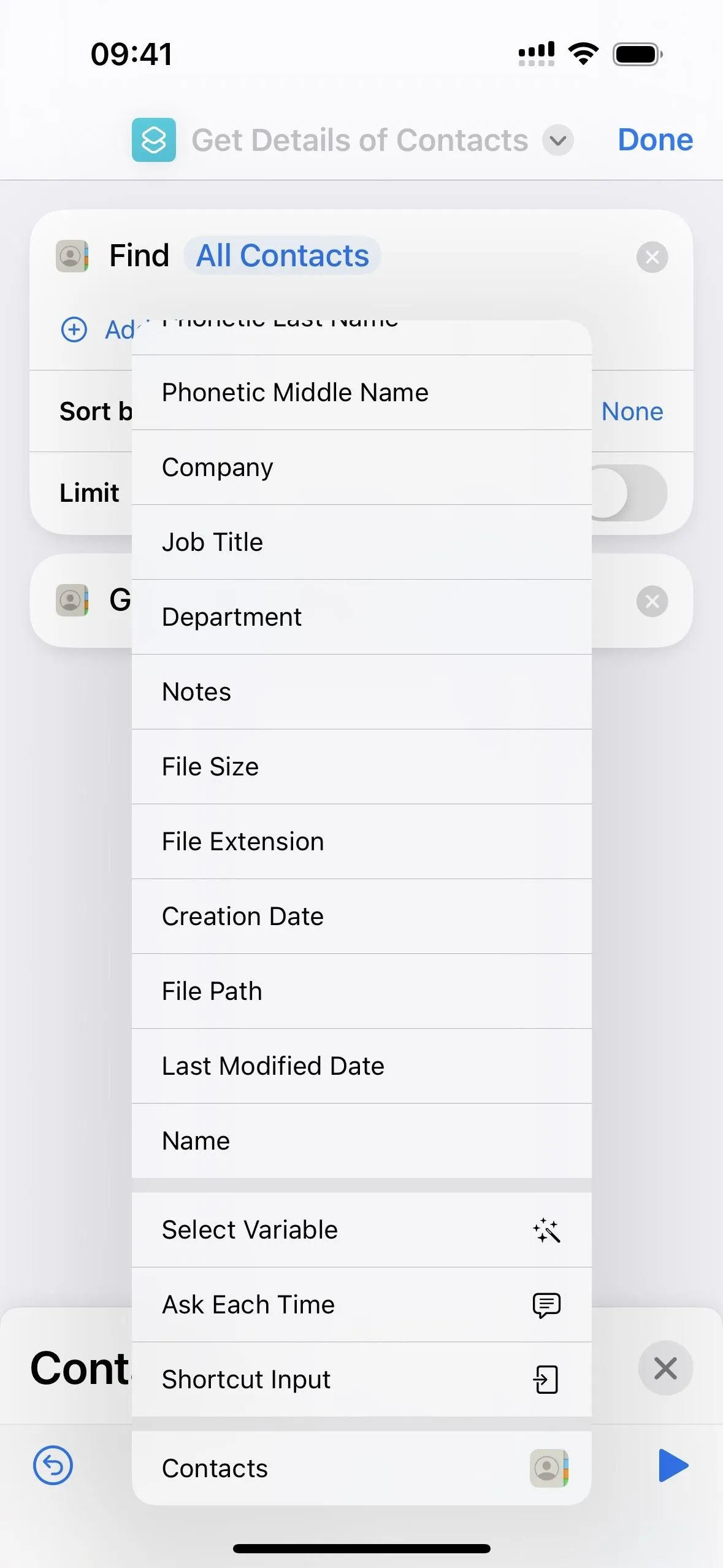 Contact list interface showing categories and filters on a mobile device.