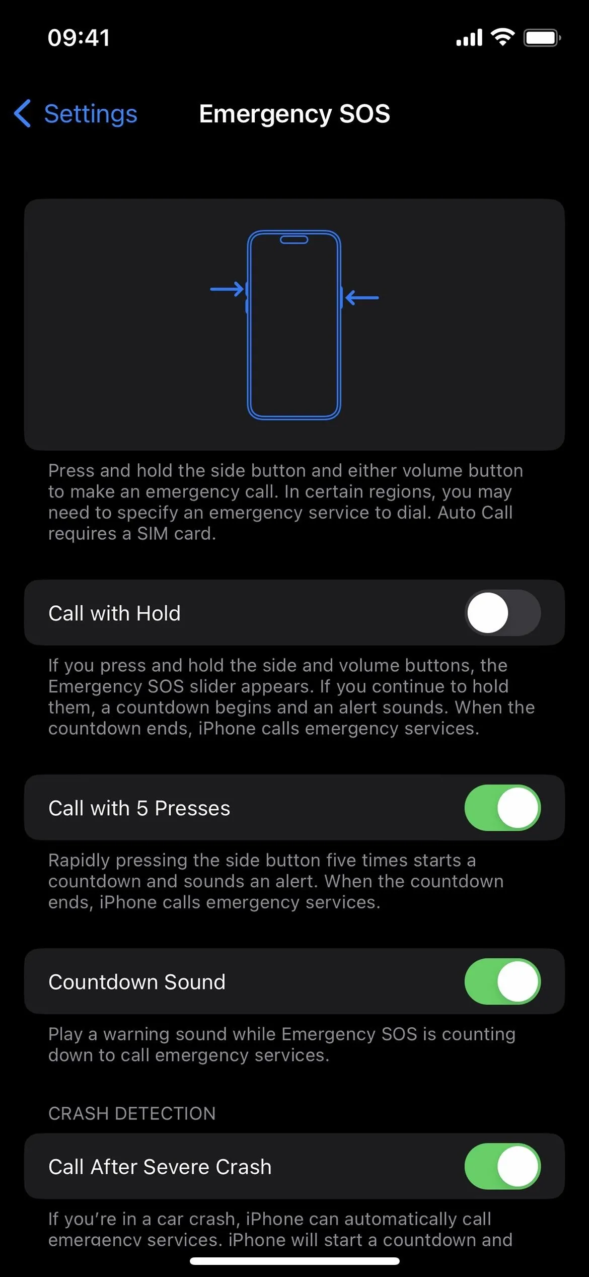 Settings screen for a mobile device displaying various toggle options for features.