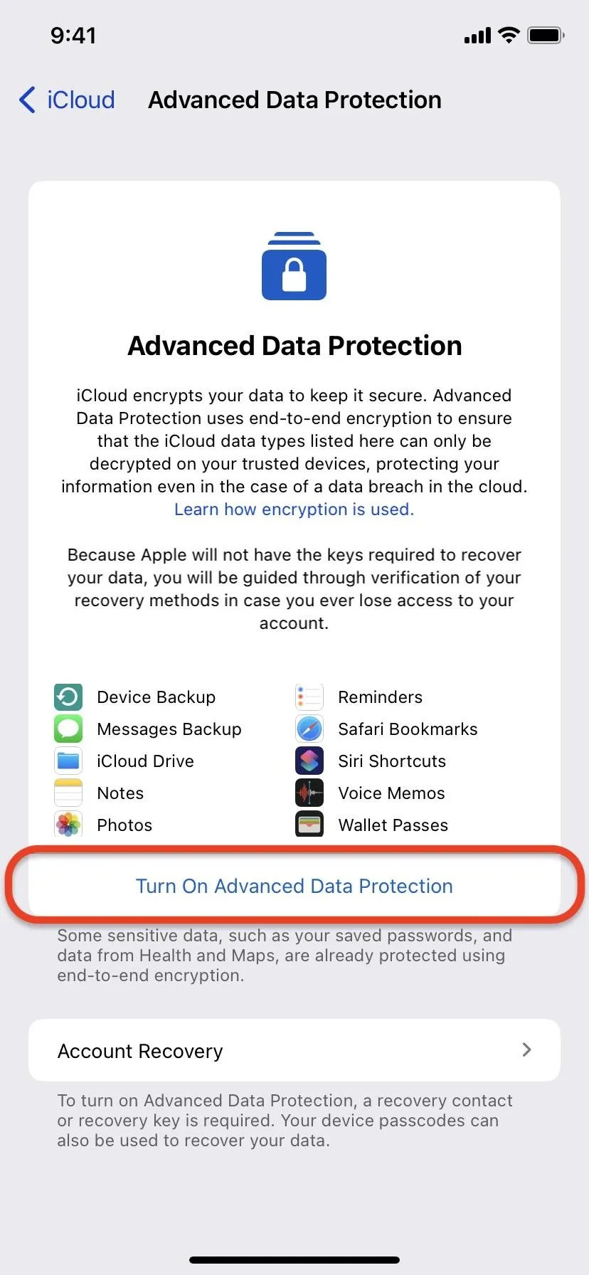 Advanced data protection settings screen on a mobile device.