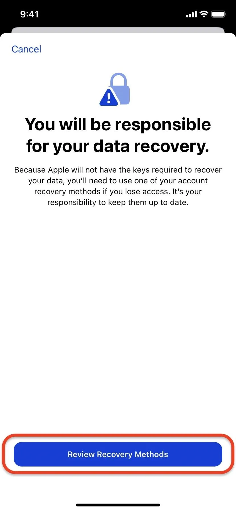 Data recovery responsibility notice with a button for "Restore Recovery Methods."