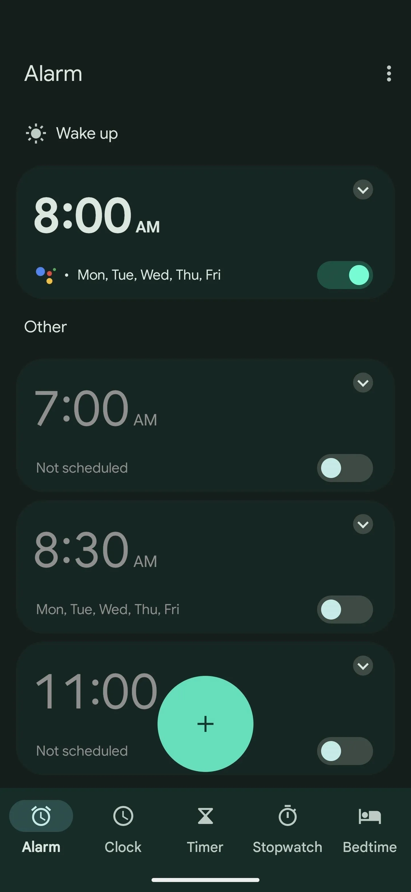 Alarm clock interface showing multiple alarms set for different times.