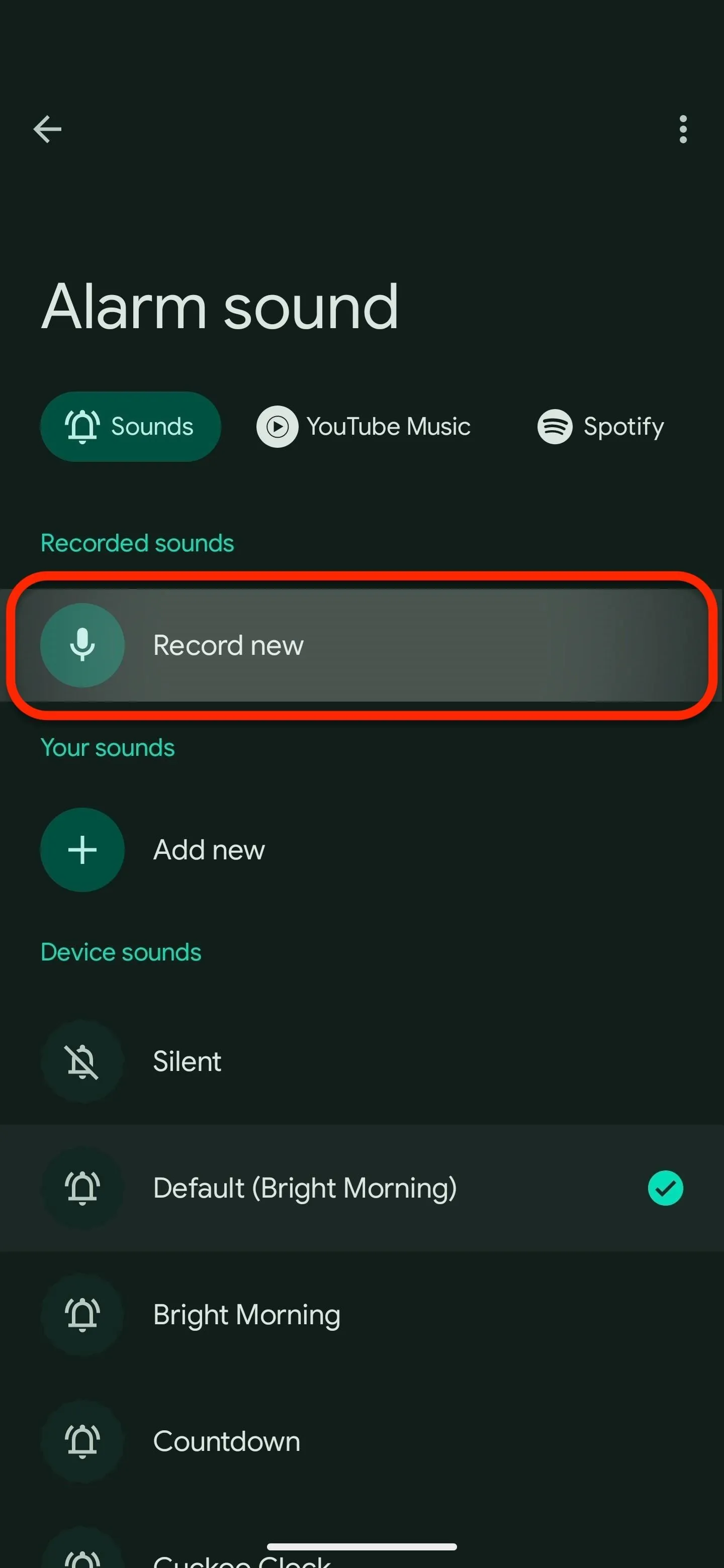 Alarm sound settings menu with 'New Year' selected.