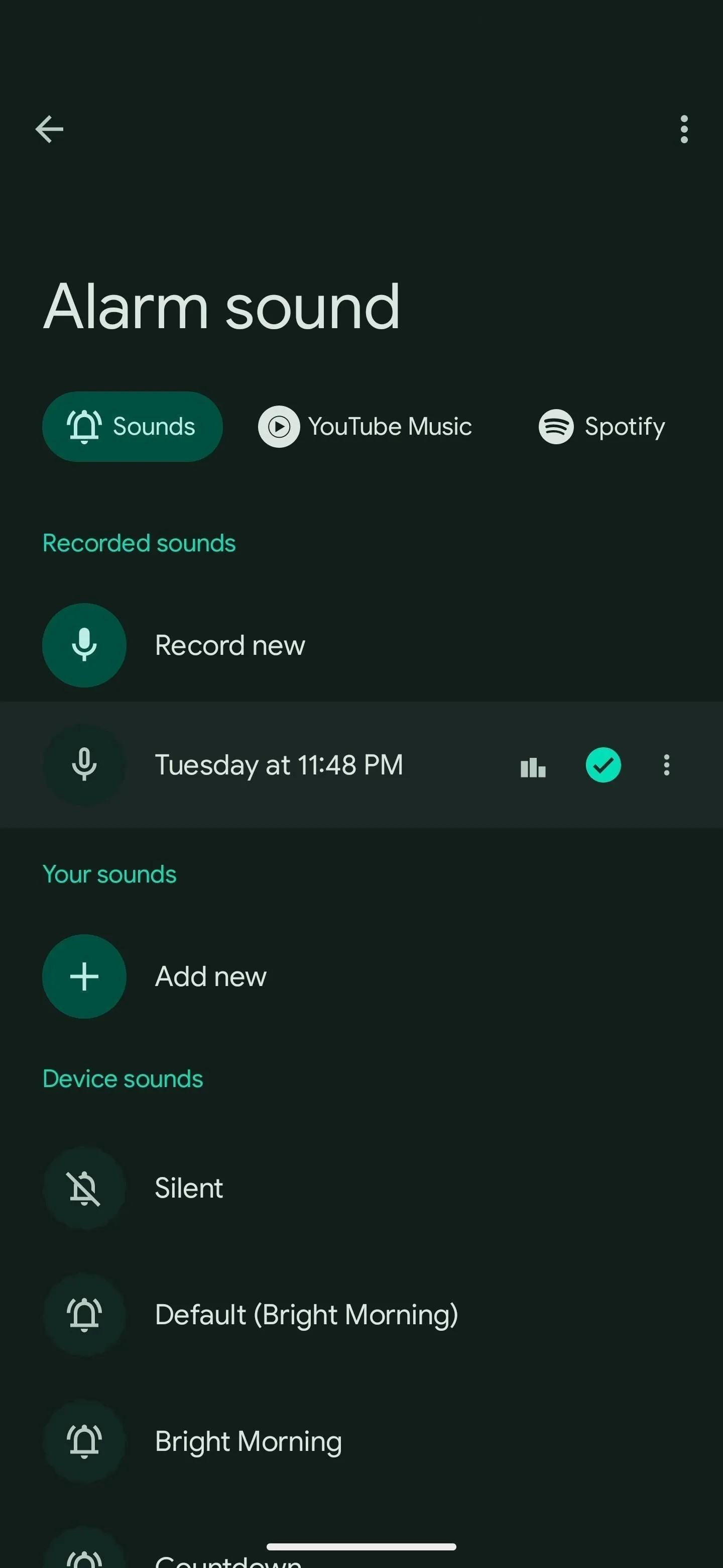 Alarm sound settings featuring options for alarm tones and additional features.