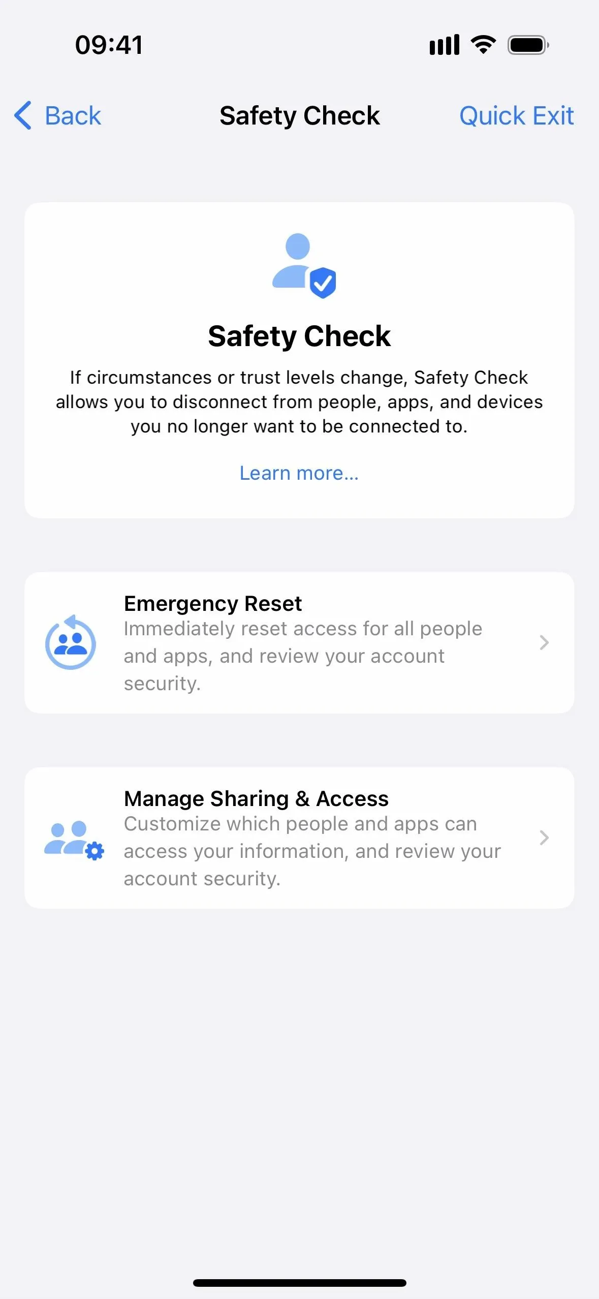 Safety Check interface with options for emergency contacts and managing authorized access.