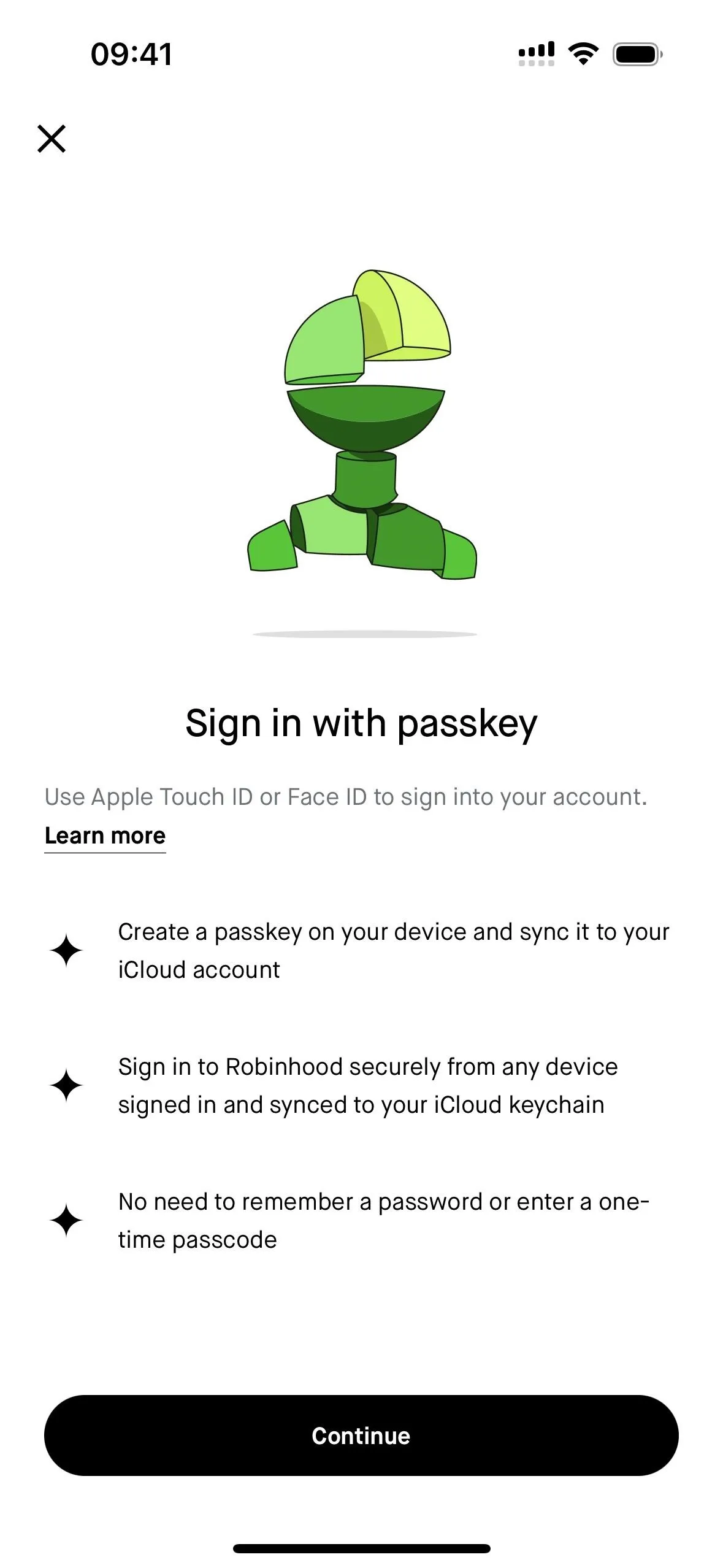 Sign-in screen with a green robotic character and security instructions.