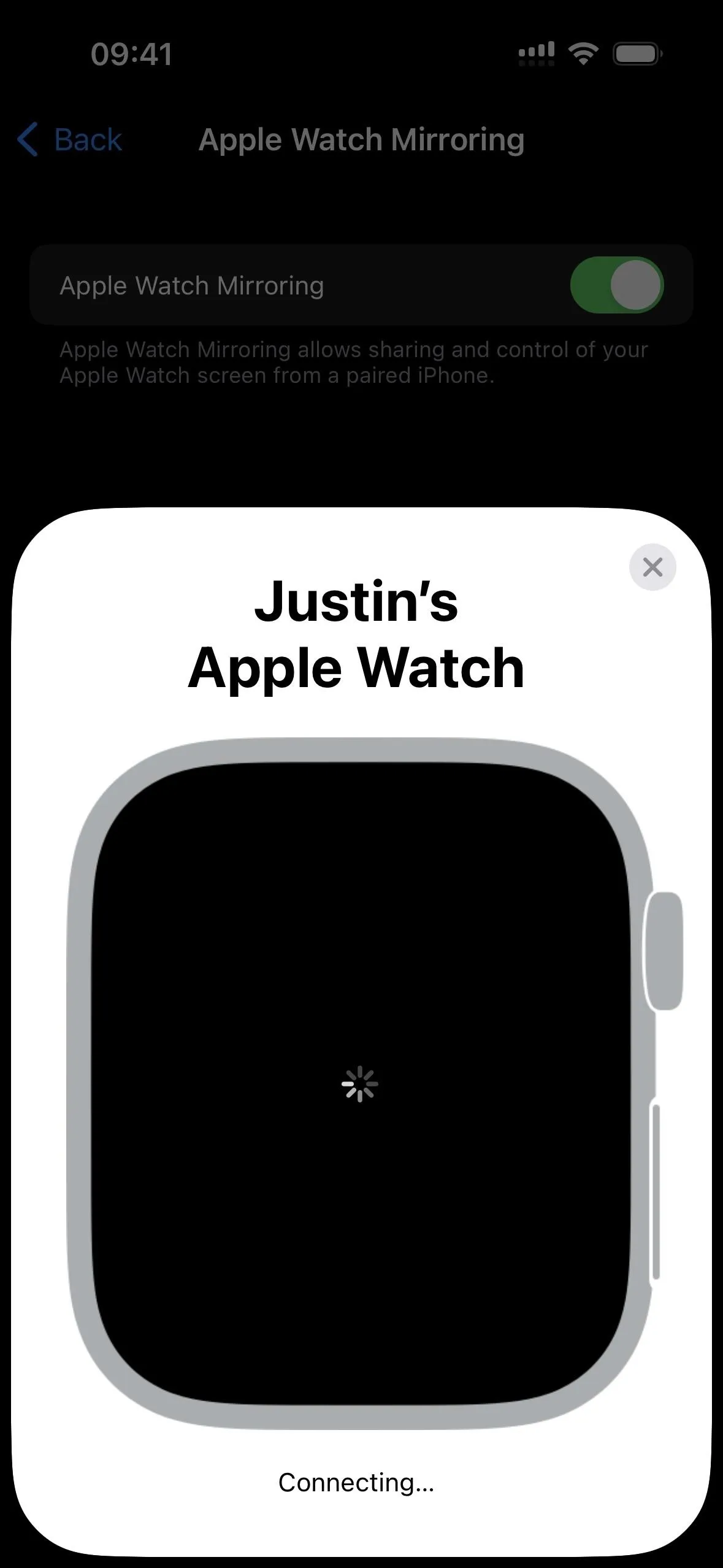 Apple Watch connection screen displaying "Justin's Apple Watch"