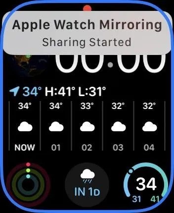 Apple Watch weather interface showing current temperature and hourly forecast with mirroring notification.