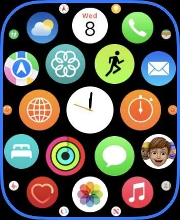 Smartwatch interface displaying various app icons and widgets.