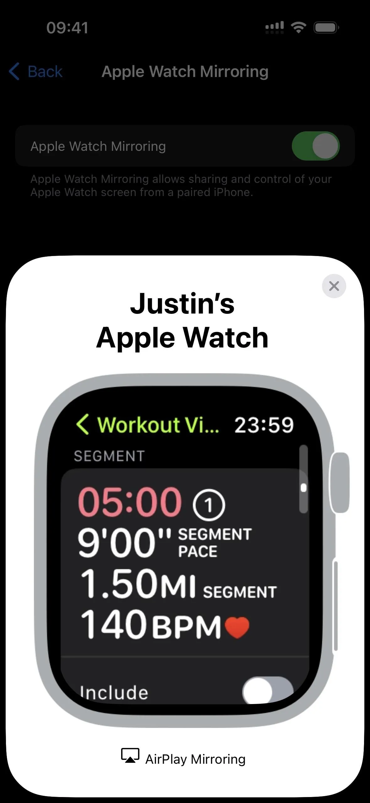 Apple Watch displaying workout metrics: duration of 9:00, distance of 1.50 miles, and heart rate of 140 BPM.