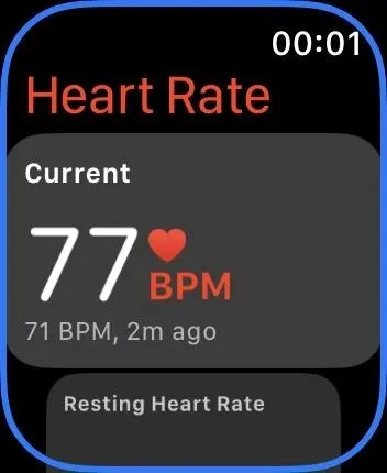 Heart rate monitor displaying a current heart rate of 77 BPM.