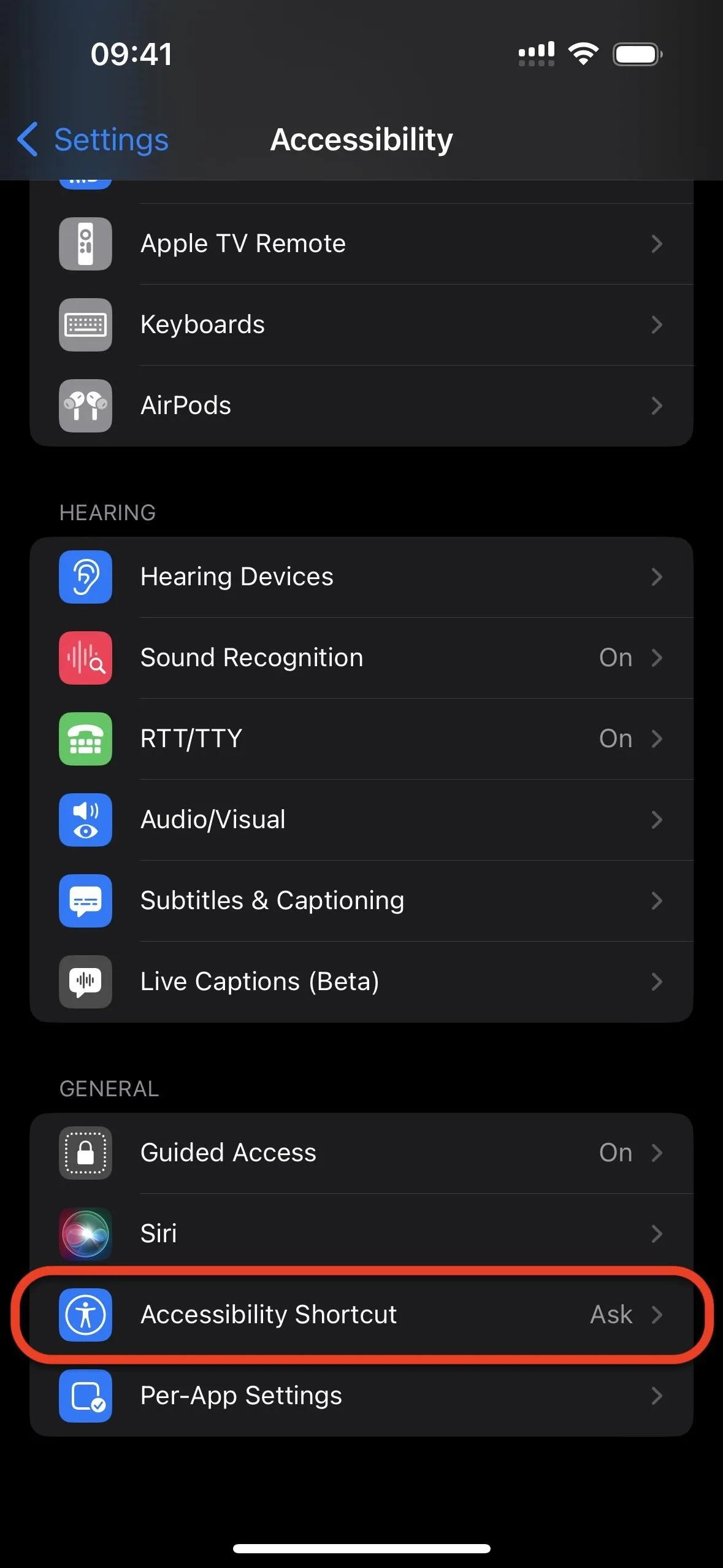 Accessibility settings on a mobile device.