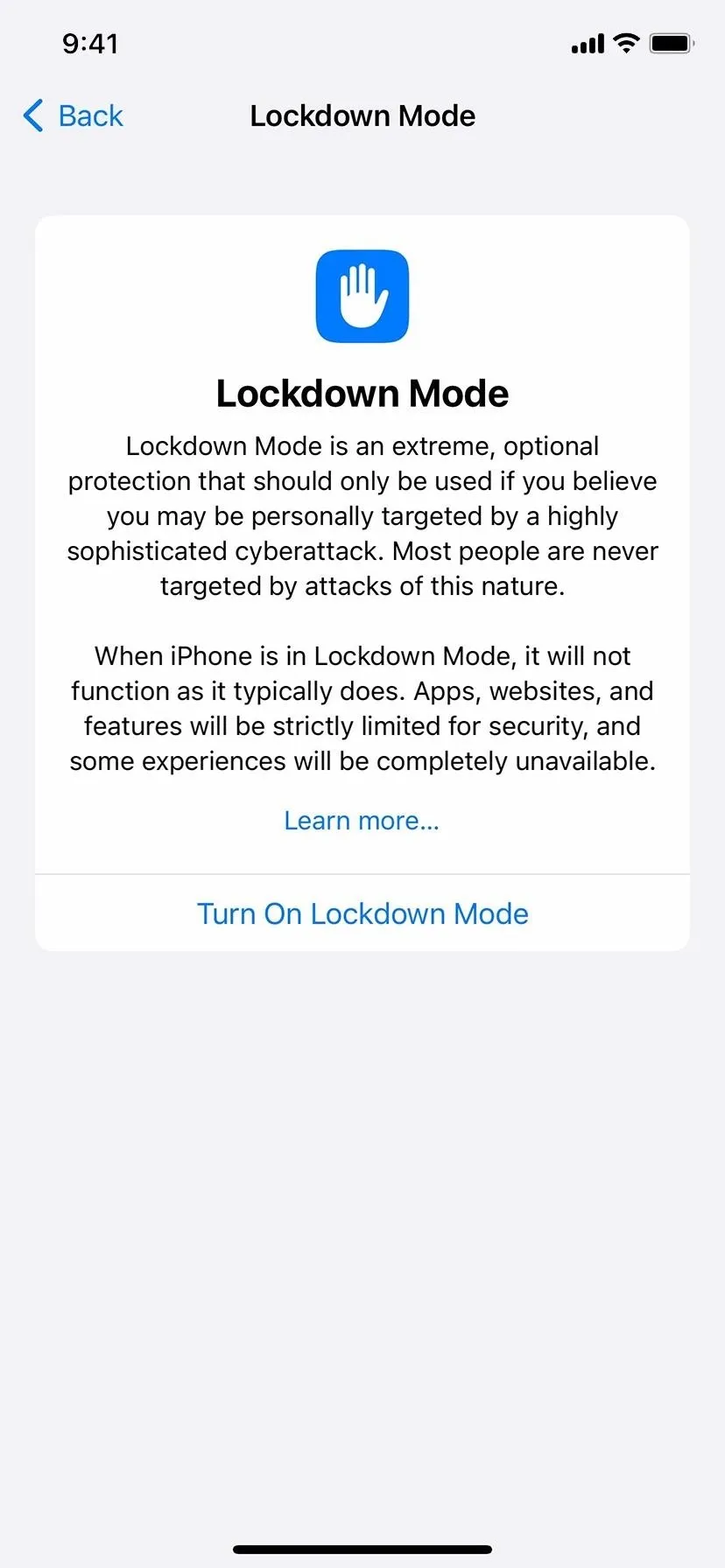 Lockdown Mode settings on an iPhone displaying a description of the feature.