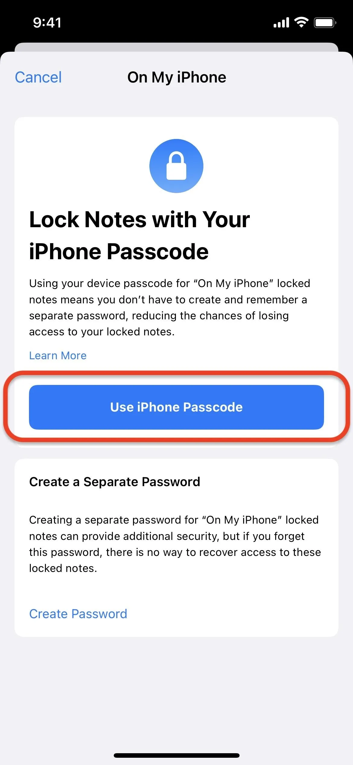 Lock Notes with Your iPhone Passcode option on an iPhone screen.