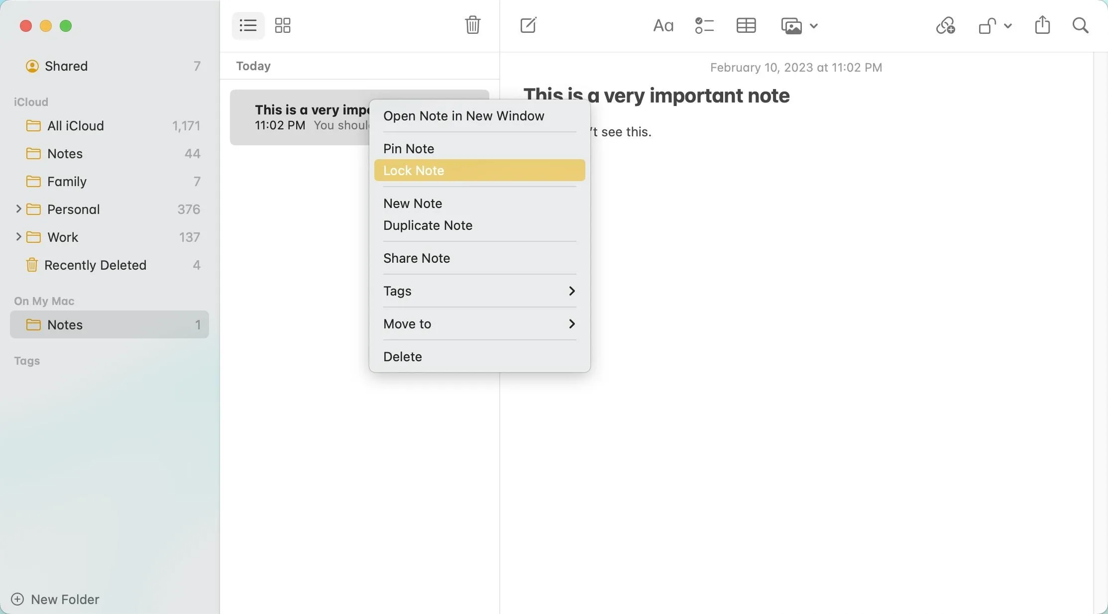 Alternative text: "Screenshot of a note-taking application showing an important note with menu options."