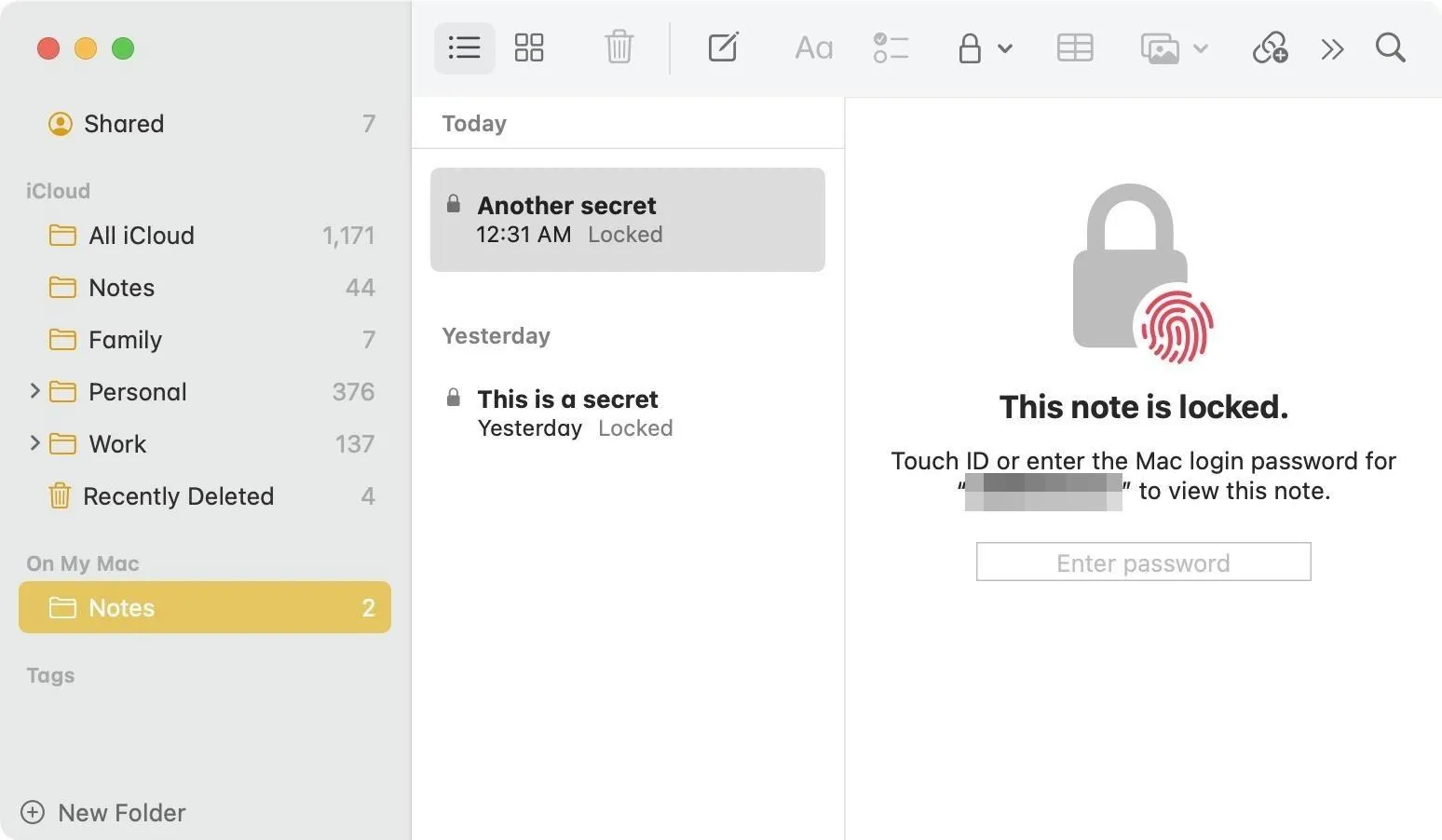 Locked note interface with password prompt.
