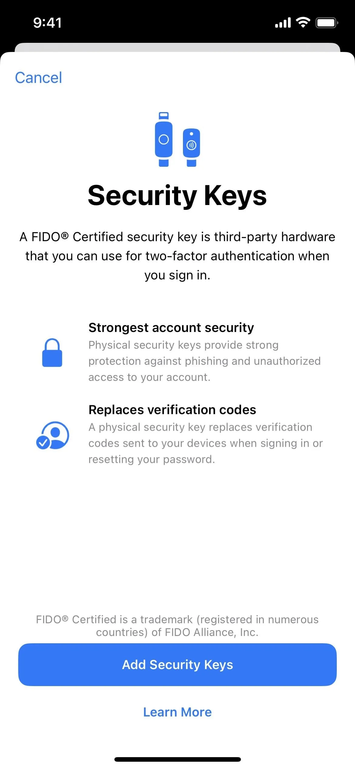 Security keys for enhanced account security and two-factor authentication.