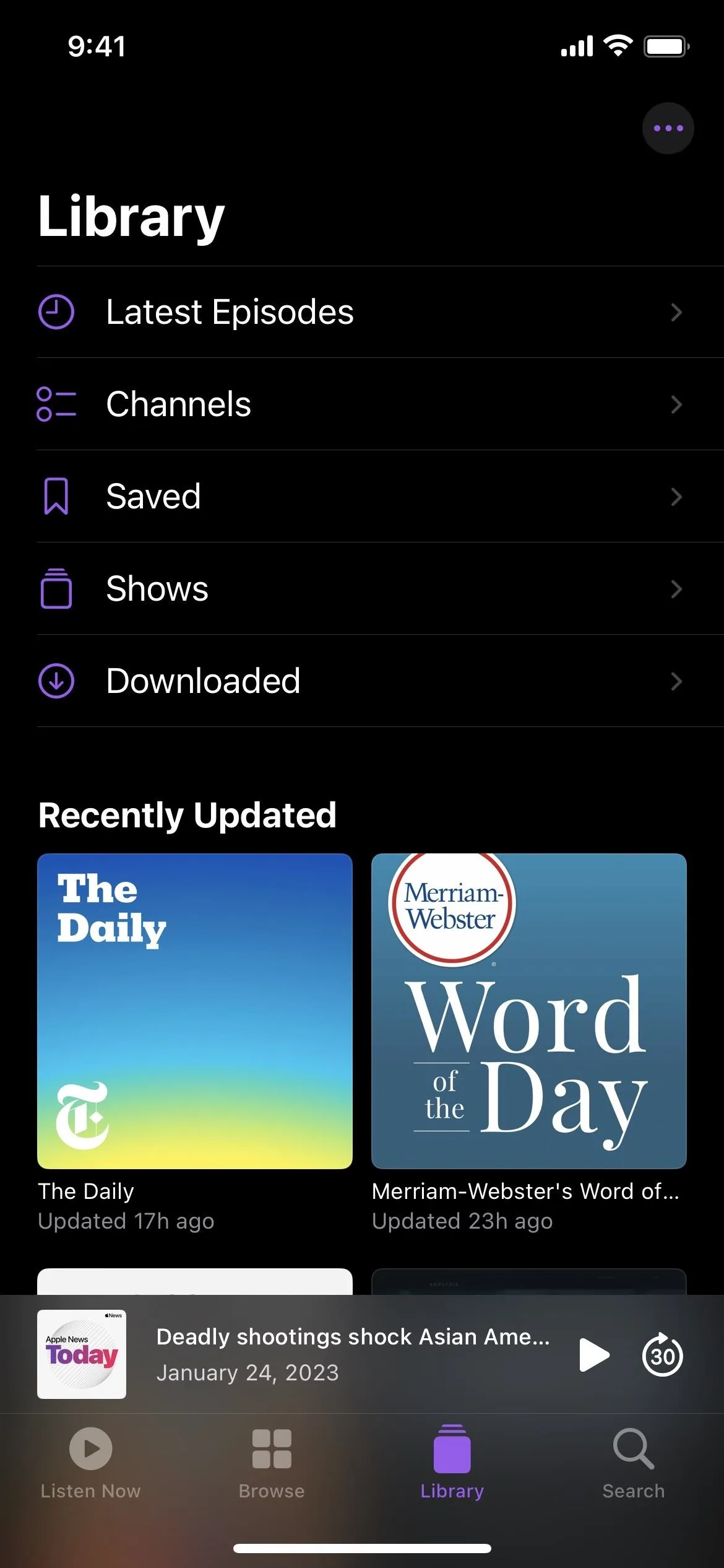 Podcast library interface displaying recently updated episodes of "The Daily" and "Word of the Day."