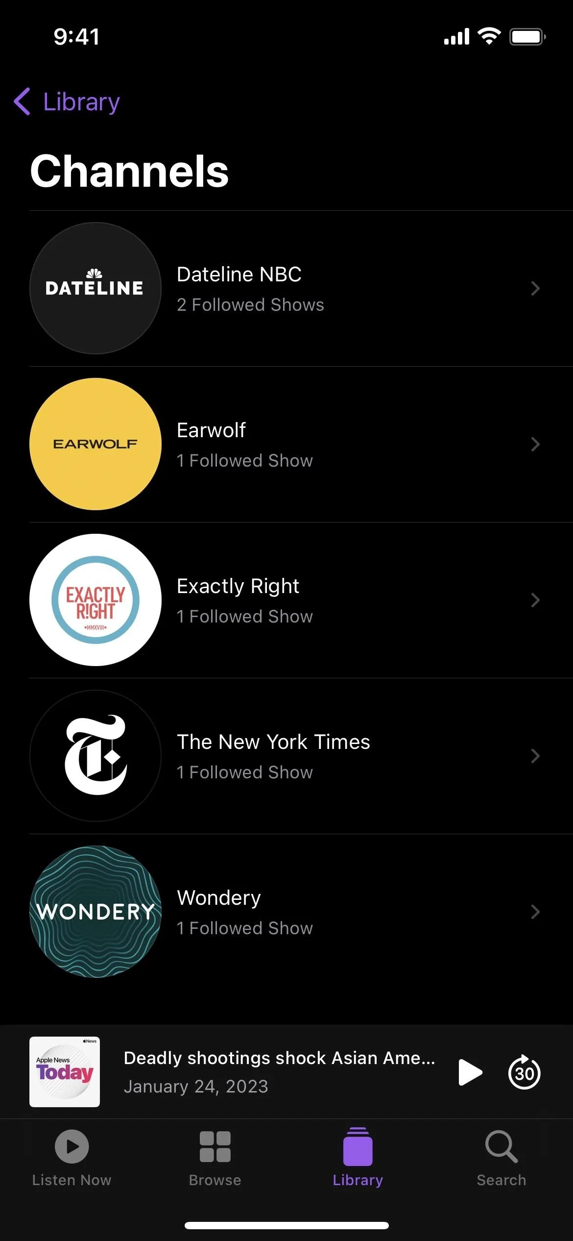 List of audio channels on a mobile device, including various media brands.