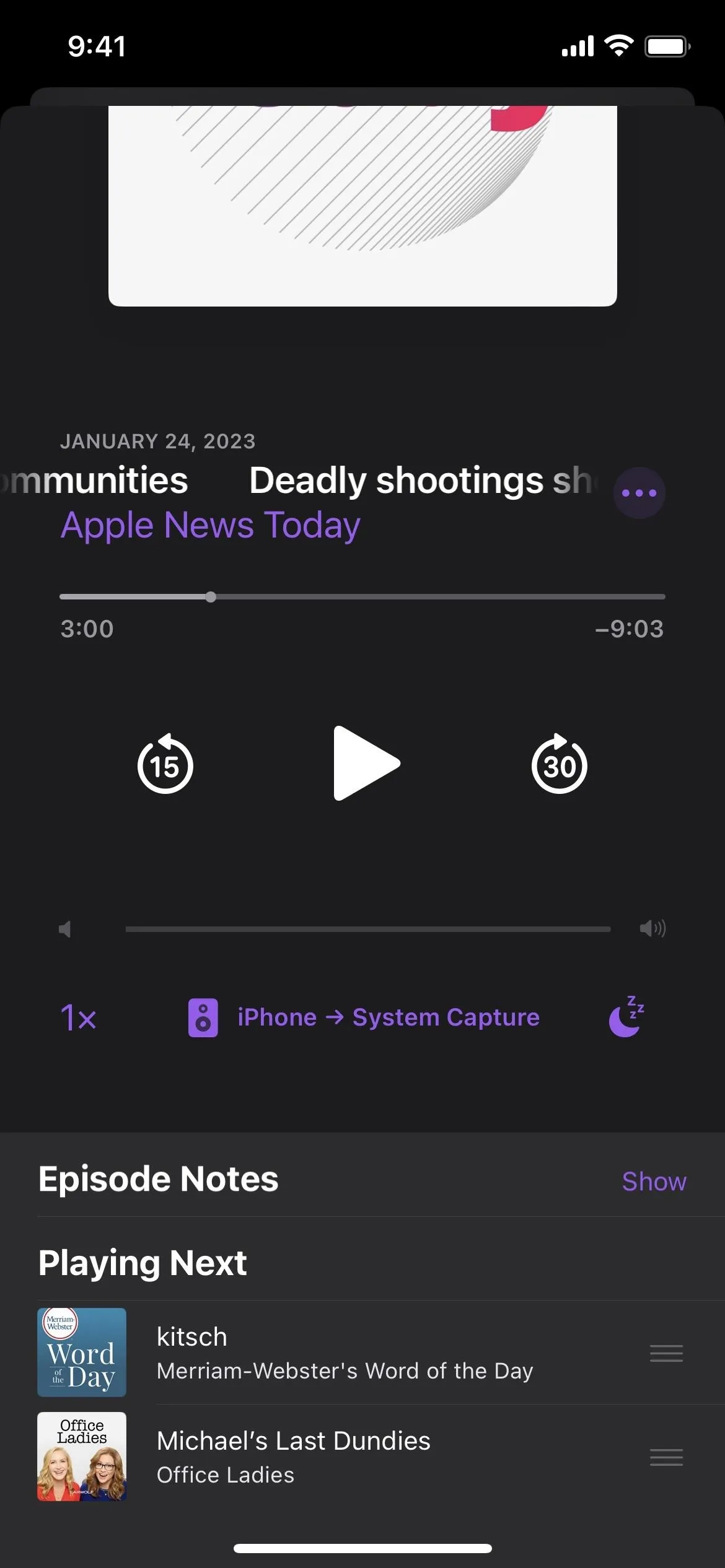 Podcast episode player interface with episode notes and playback controls.