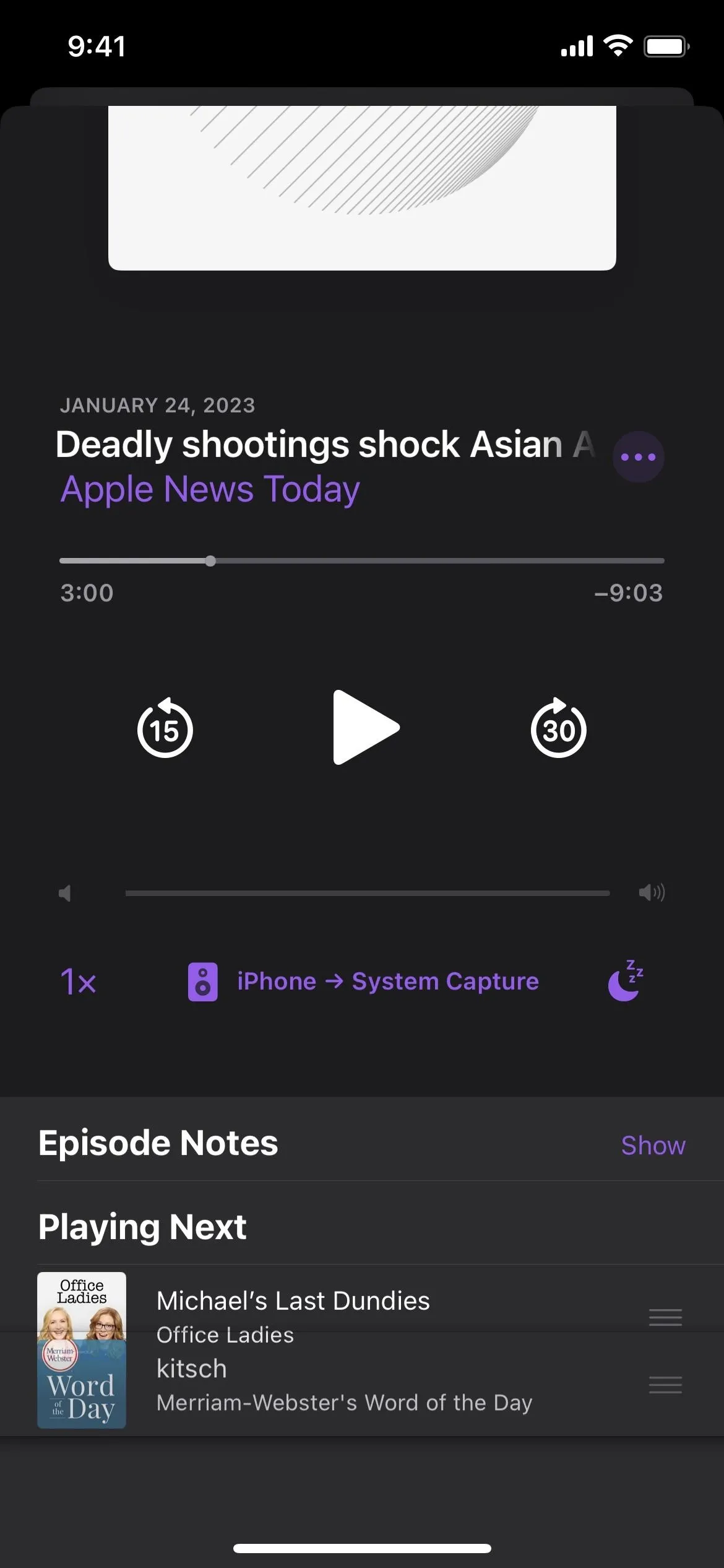 Podcast player interface showing an episode titled "Deadly shooting shock wave" with playback controls.