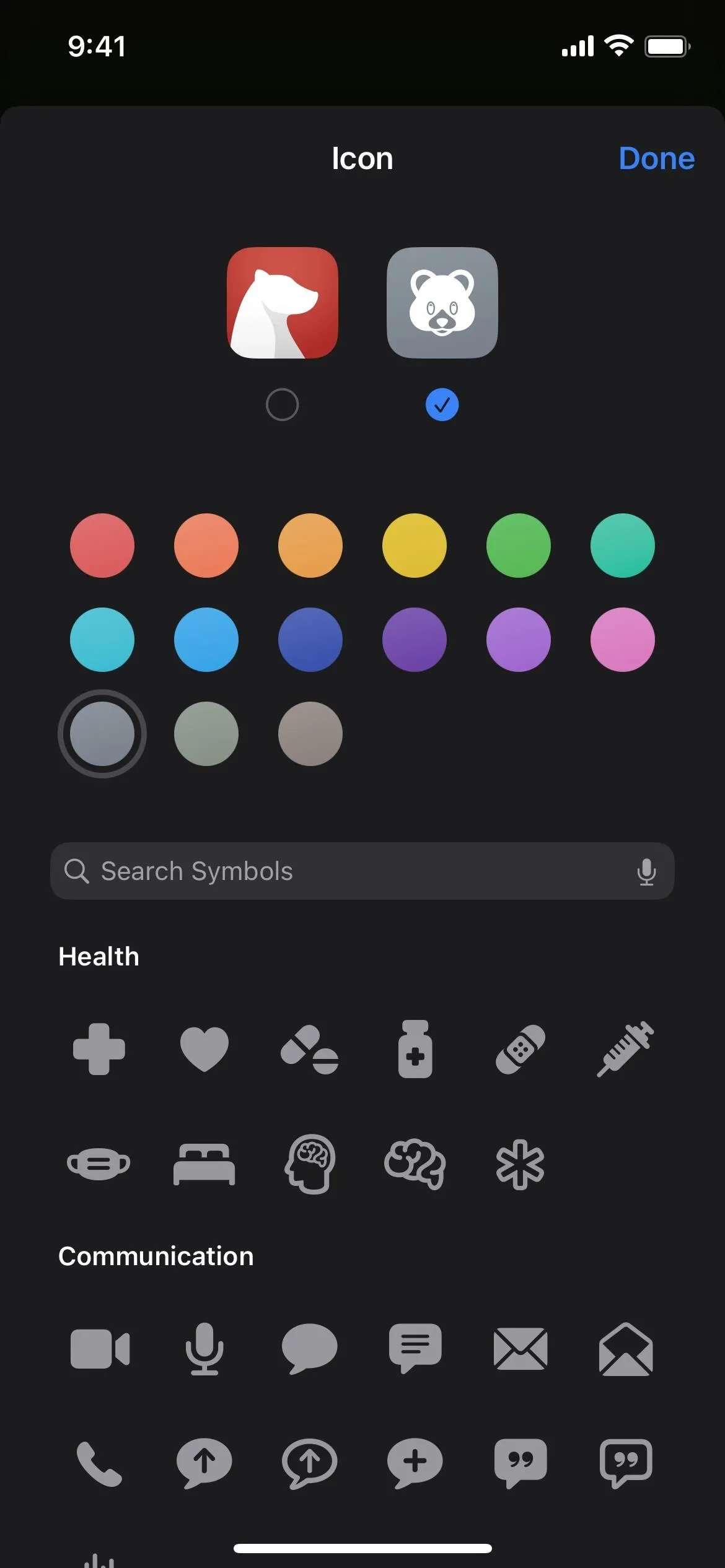 App icons and color palette on a smartphone screen.