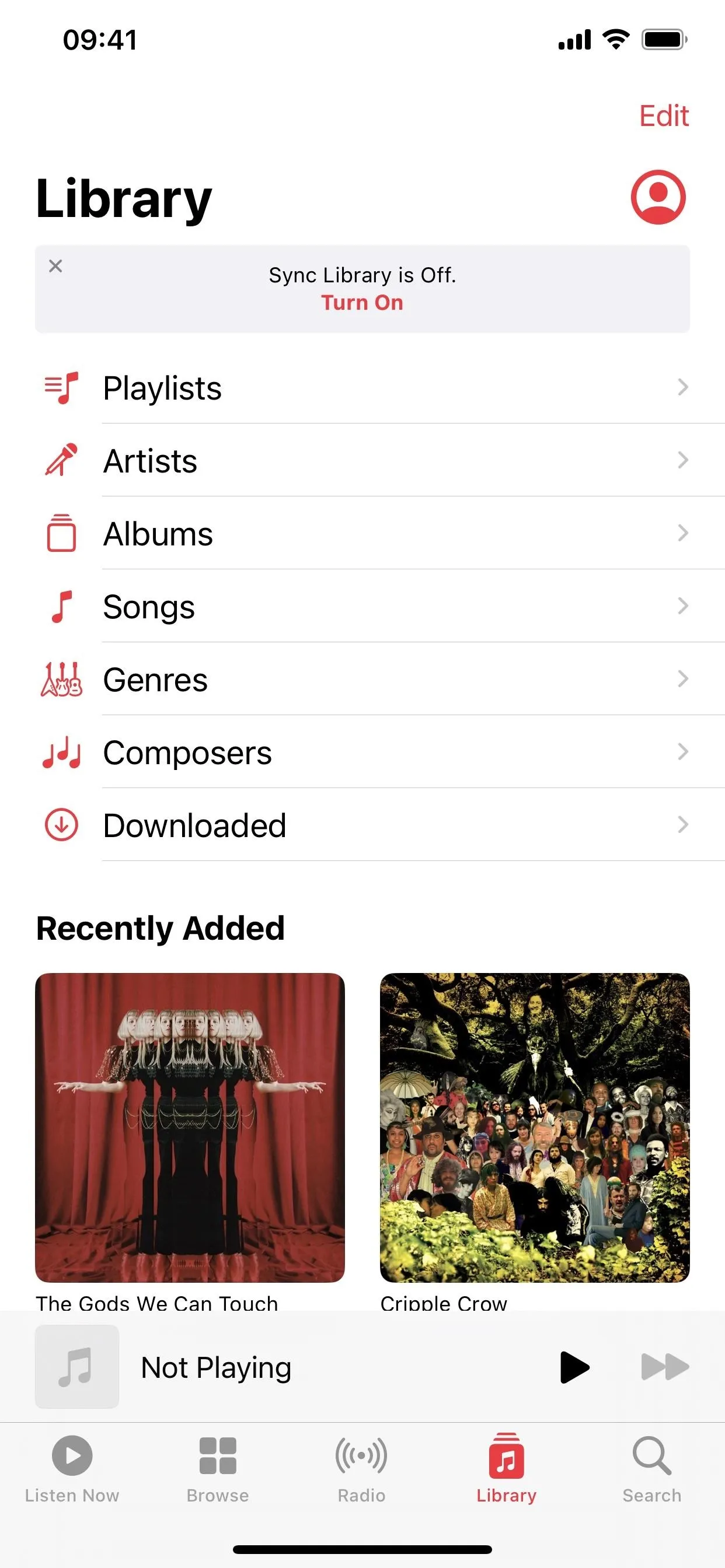 Music library interface displaying recently added albums.