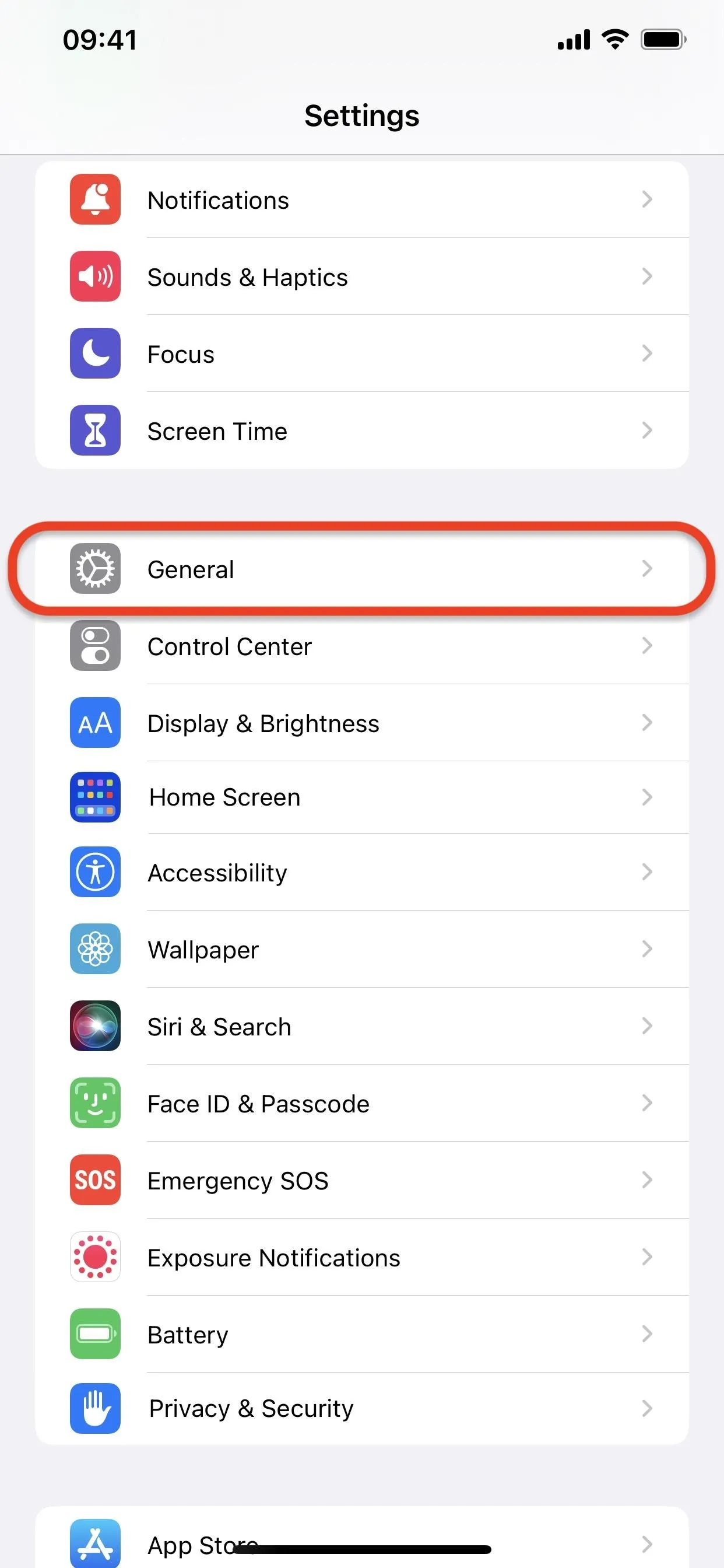 Settings menu on a mobile device with "General" option highlighted.