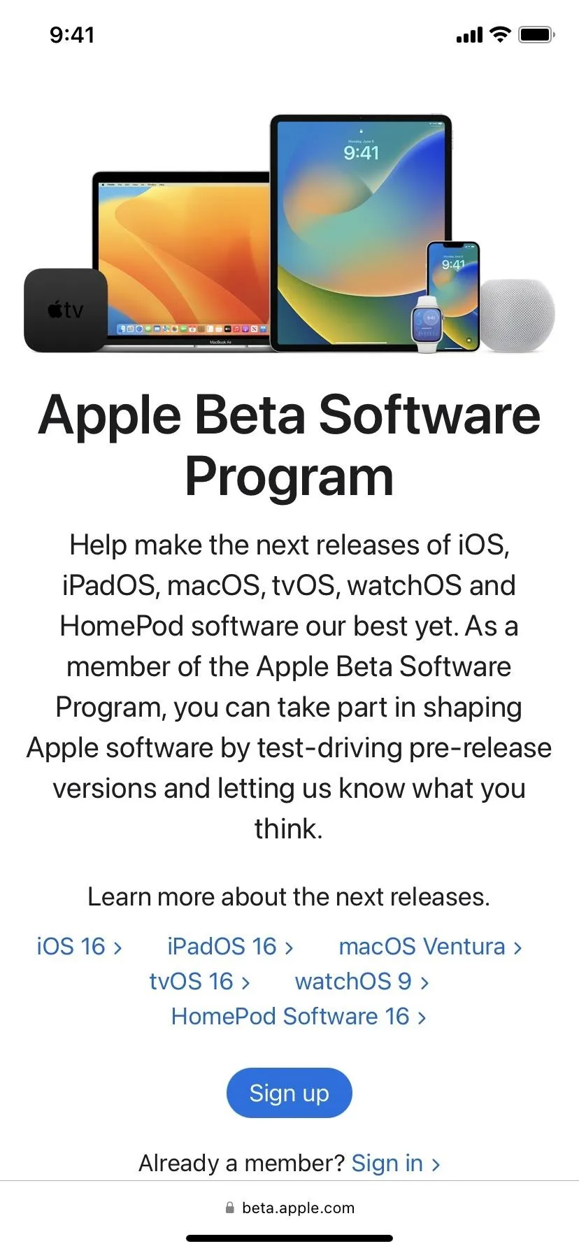 Apple Beta Software Program information page with details about testing new software versions.