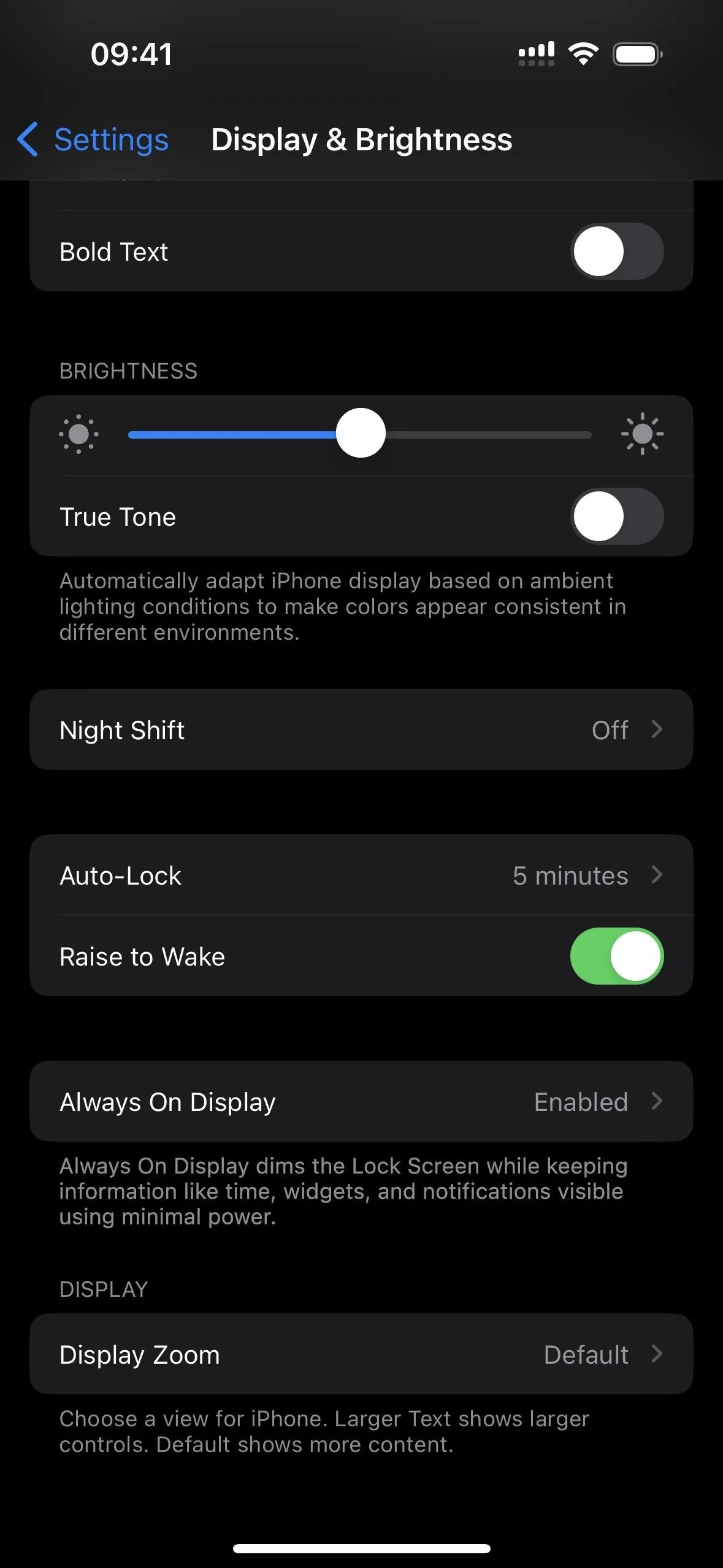 Display and brightness settings menu on a mobile device.