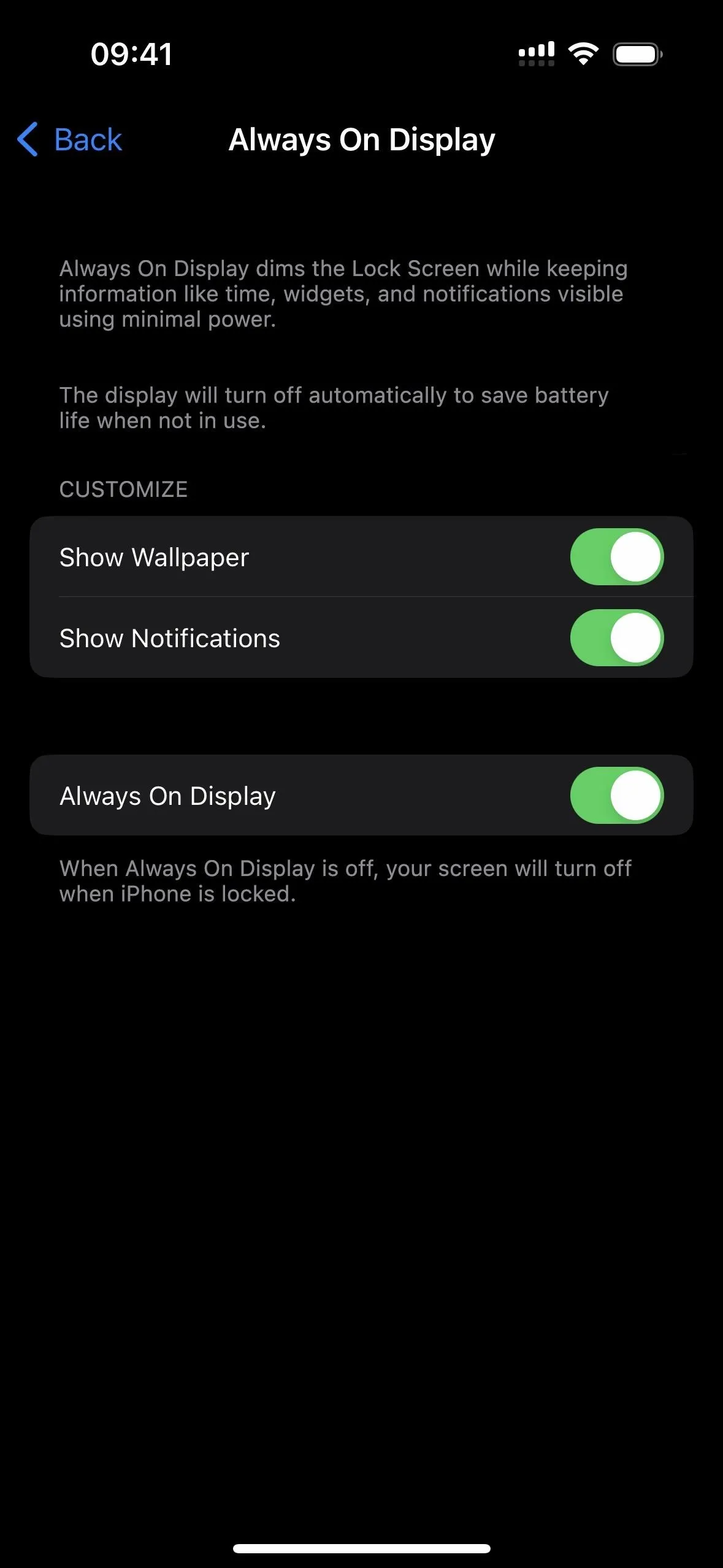 Always On Display settings for a smartphone.