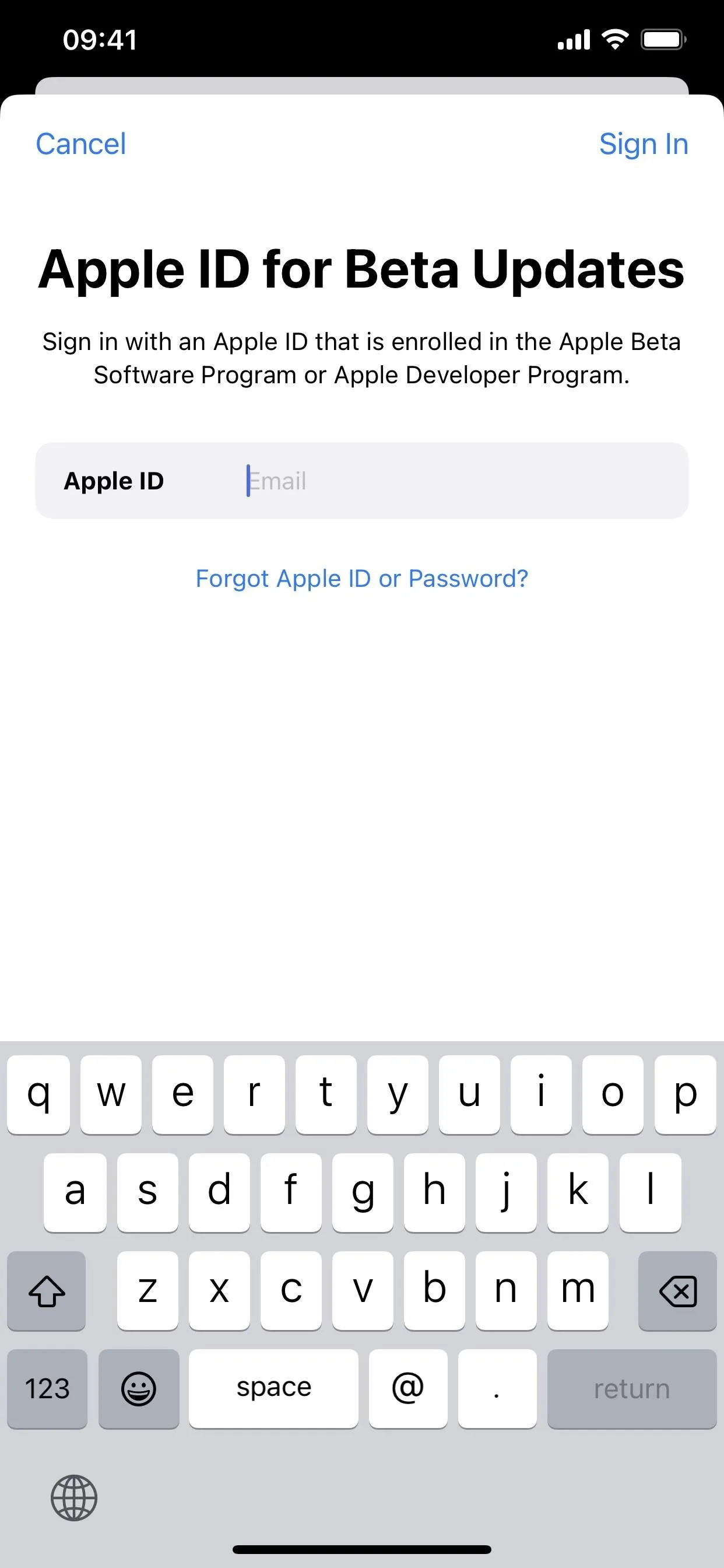 Apple ID login screen for beta updates