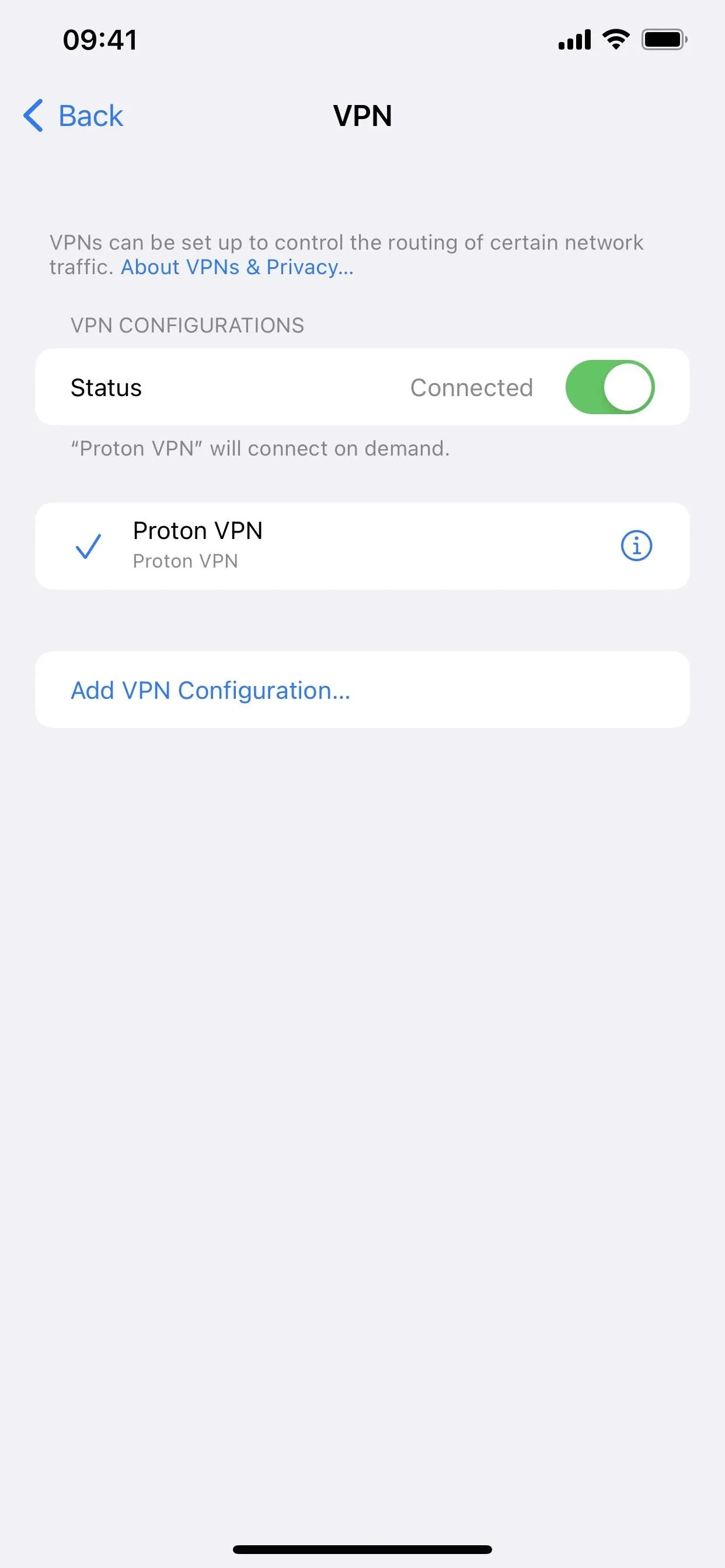 VPN settings interface on a mobile device.