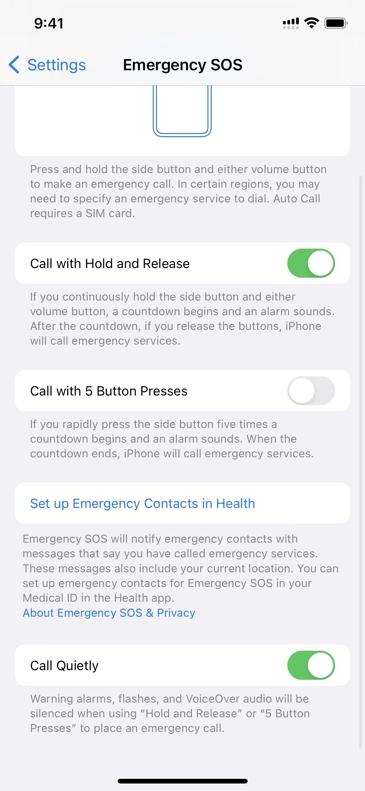 Emergency SOS settings on a smartphone.