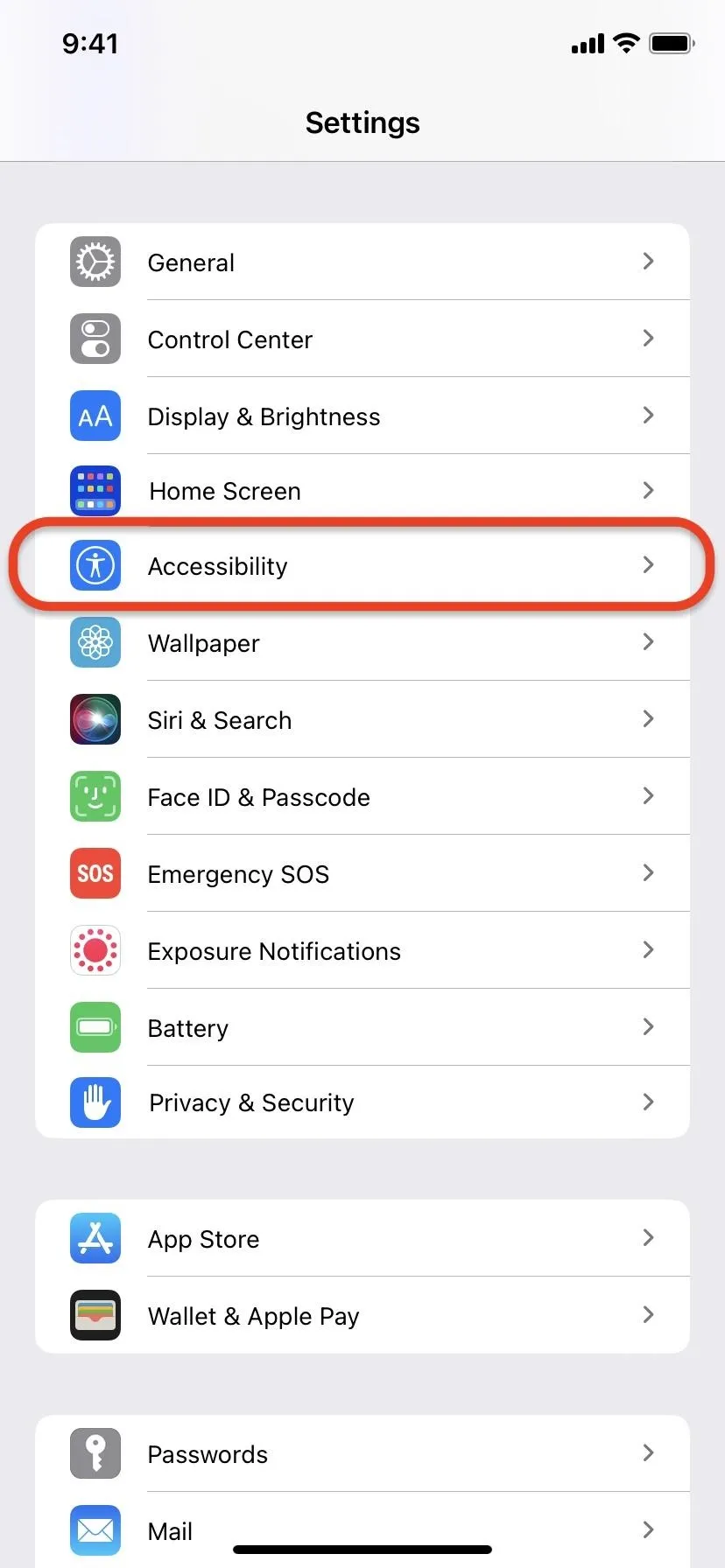 Accessibility settings page on a mobile device.