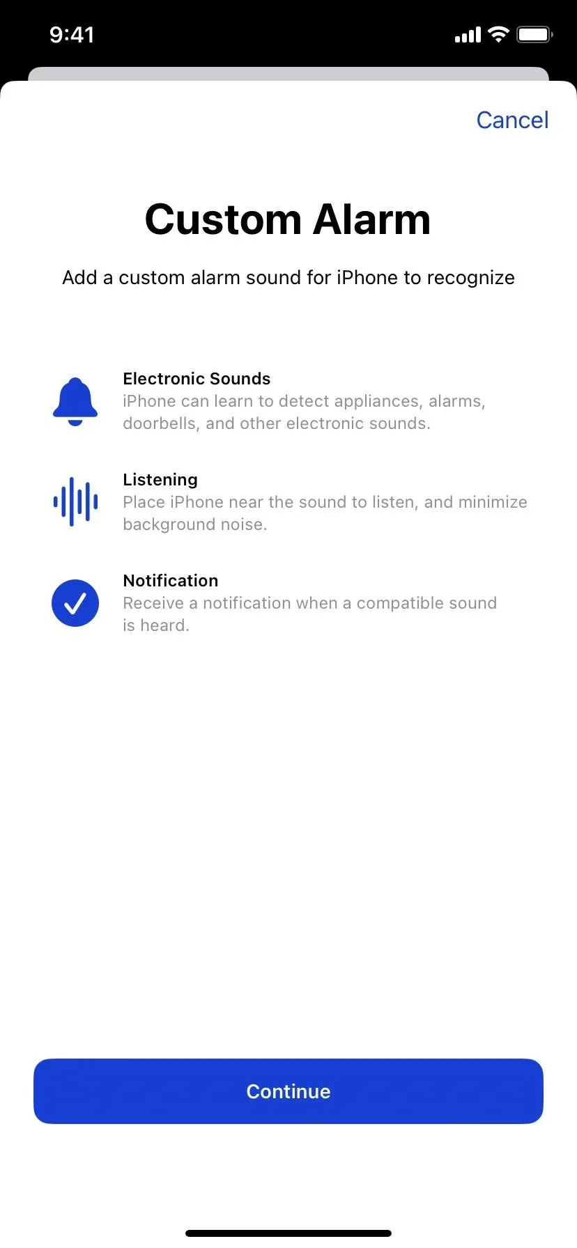 Custom Alarm settings with options for reminders and notifications.