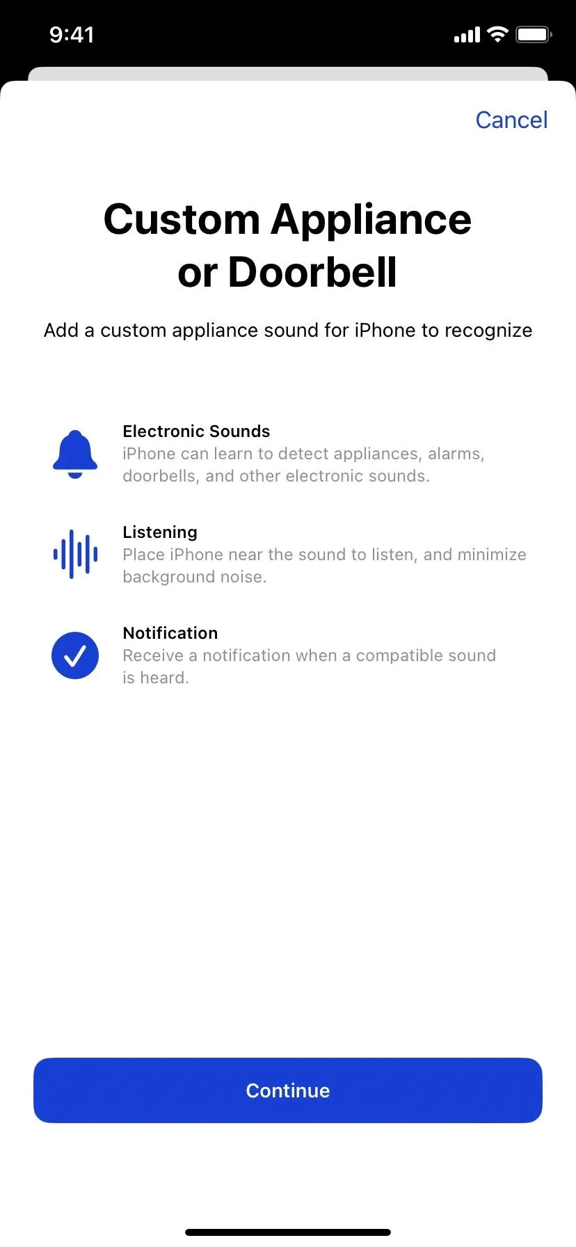 Custom appliance or doorbell setup screen with notification options: record, chime, and verification.