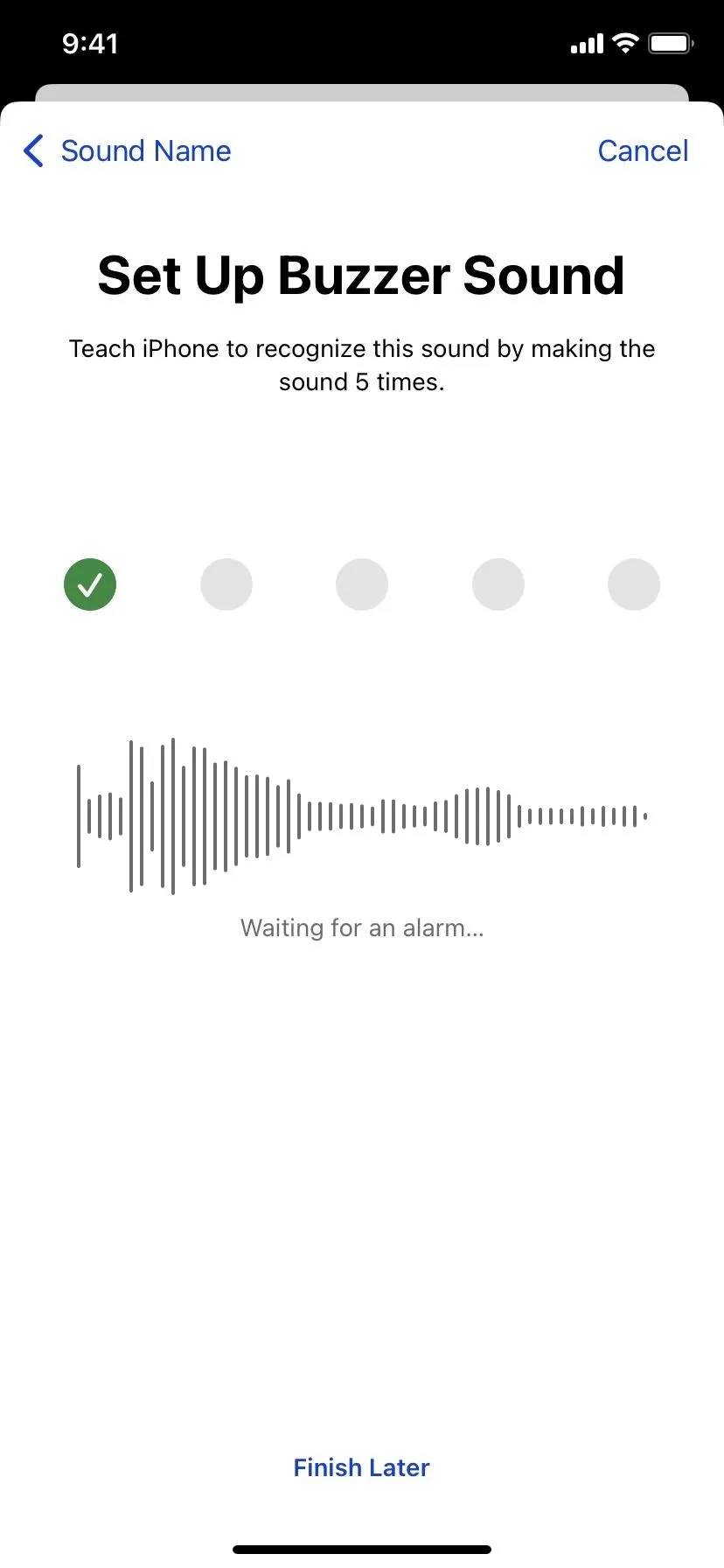 Setup screen for configuring a buzz sound on a mobile app.