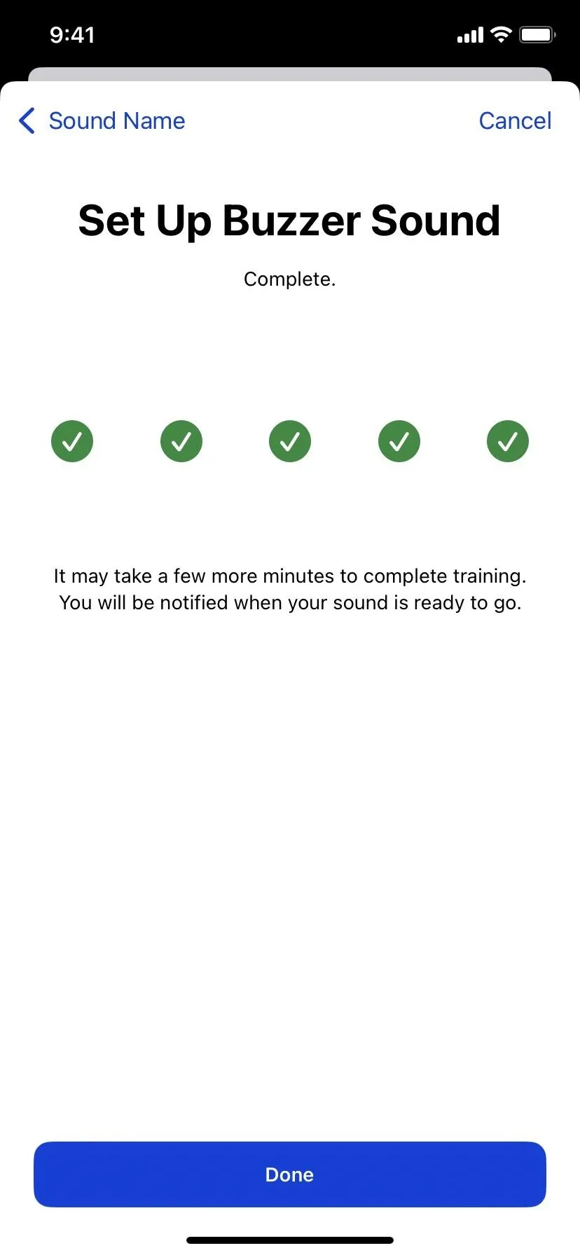 "Completed setup screen for buzzer sound with five green checkmarks."