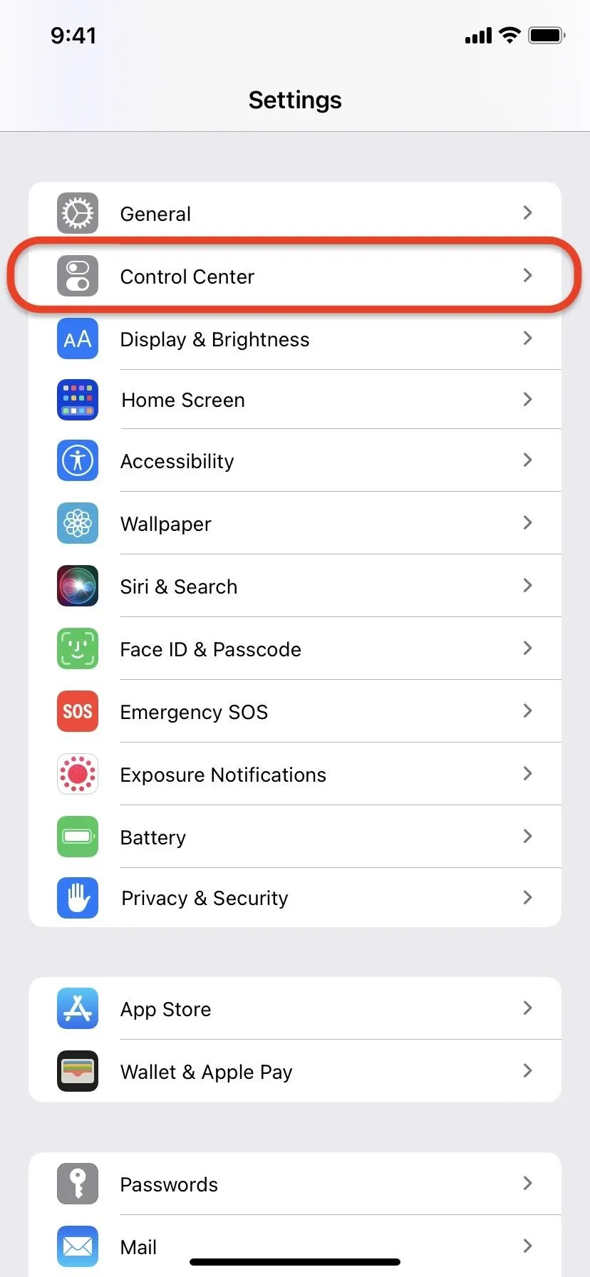 Settings menu on a mobile device with "Control Center" highlighted.