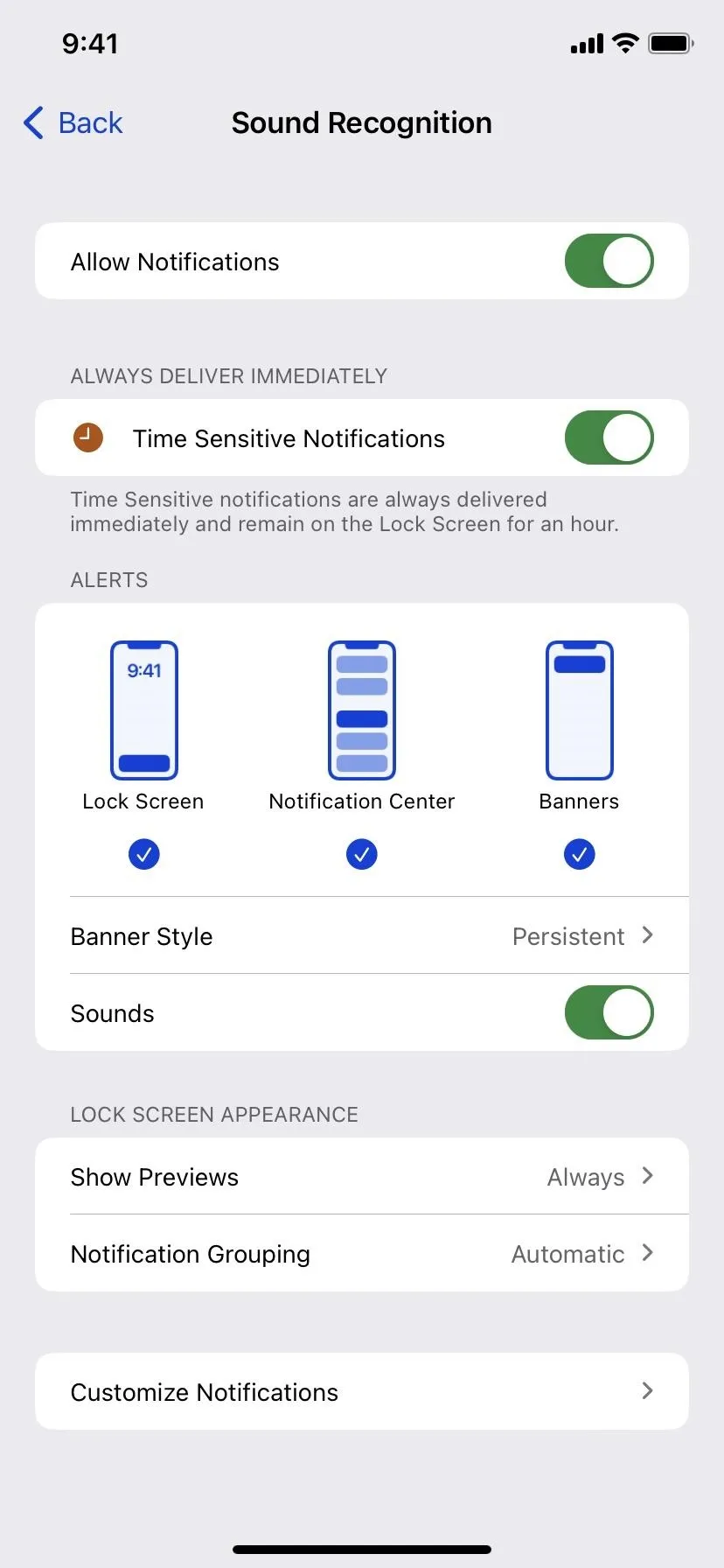 Mobile app notification settings screen with options for alert styles and alerts.