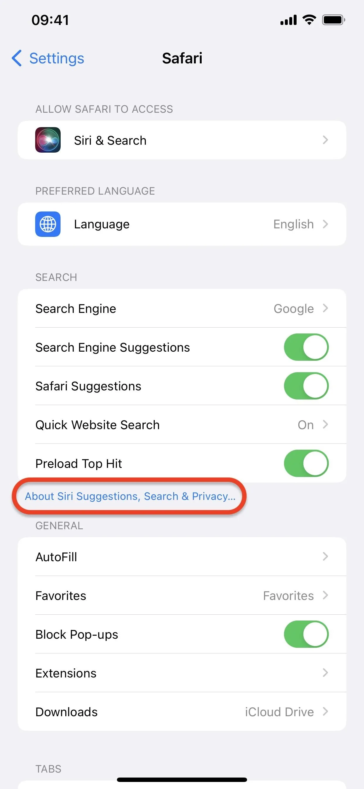 Settings page featuring language and accessibility options on a mobile device.