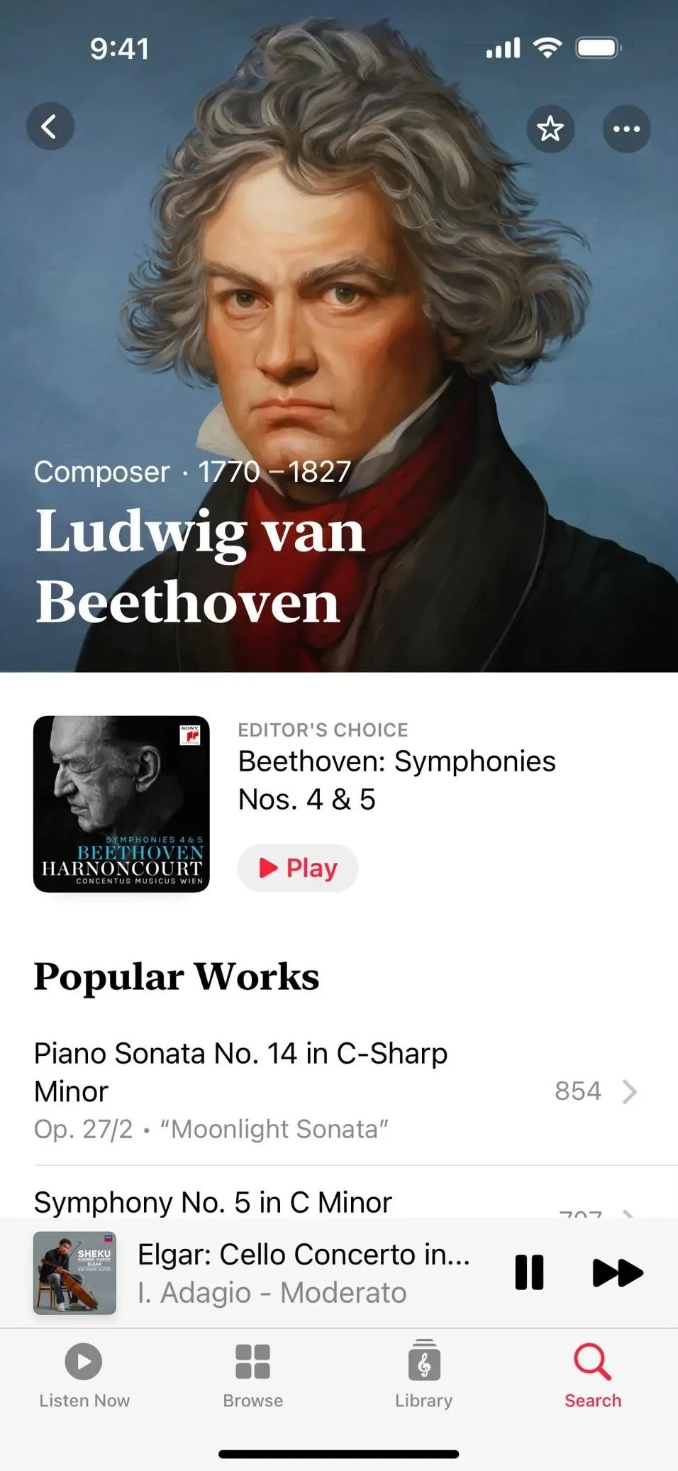 Ludwig van Beethoven portrait with album details for Symphonies 1 & 2.