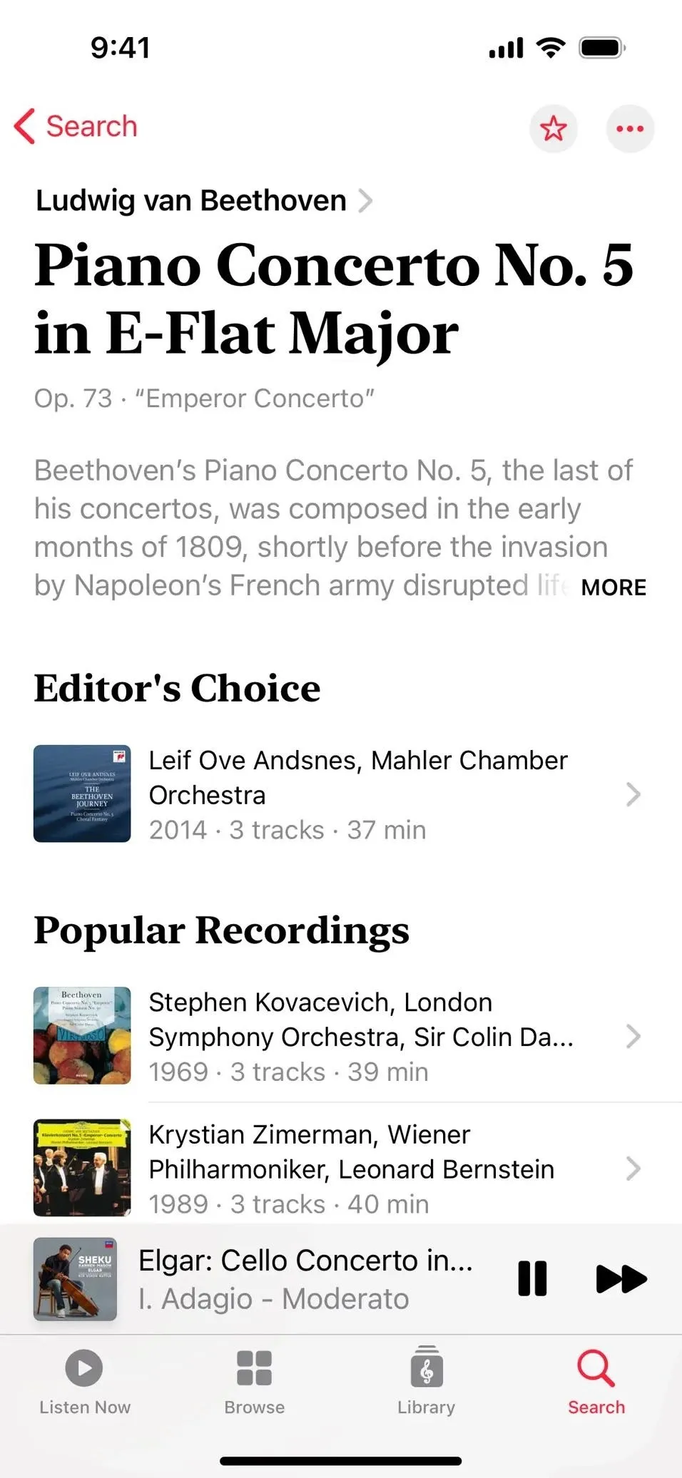 Piano Concerto No. 5 in E-Flat Major by Beethoven on a music app interface.