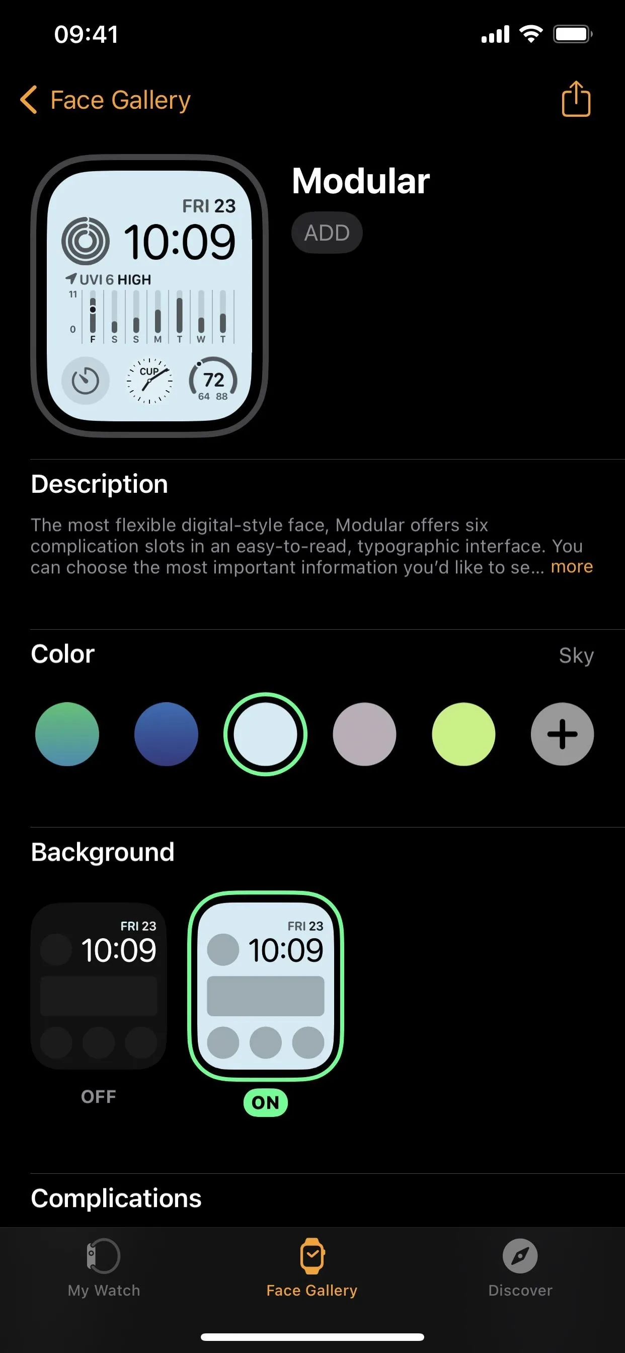 Smartwatch interface customization options, including color and background settings.