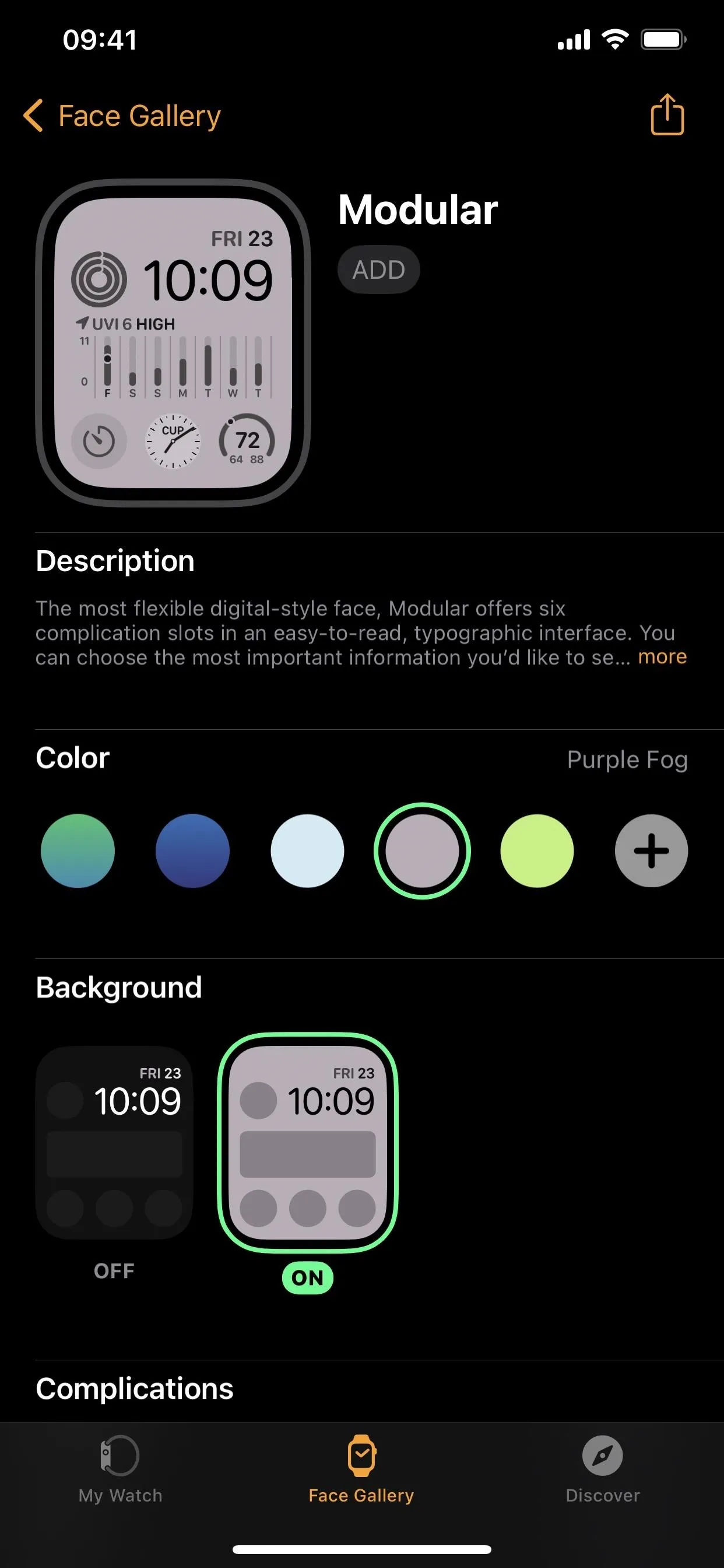 Smartwatch interface with modular design options, including different colors and backgrounds.