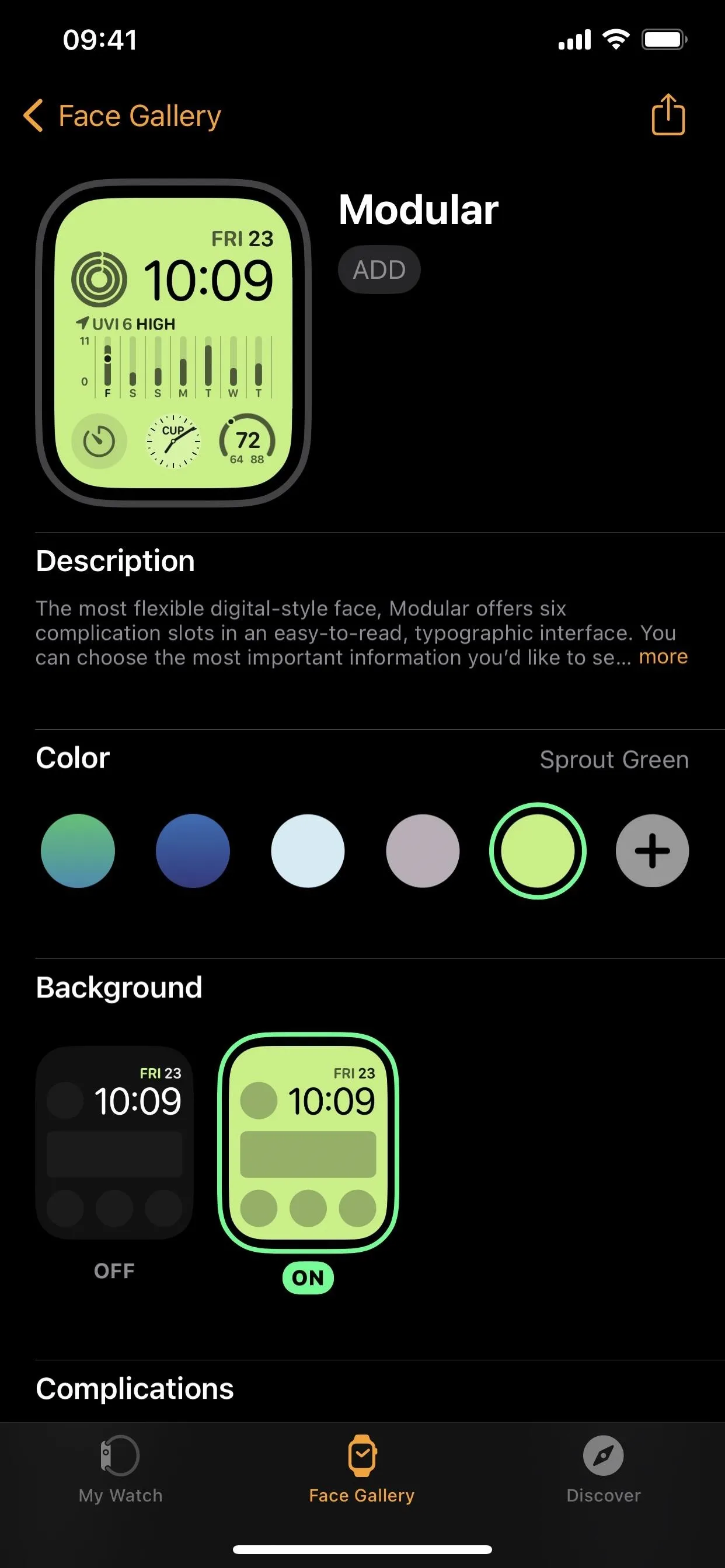 Watch face customization options with color, background, and complication settings.