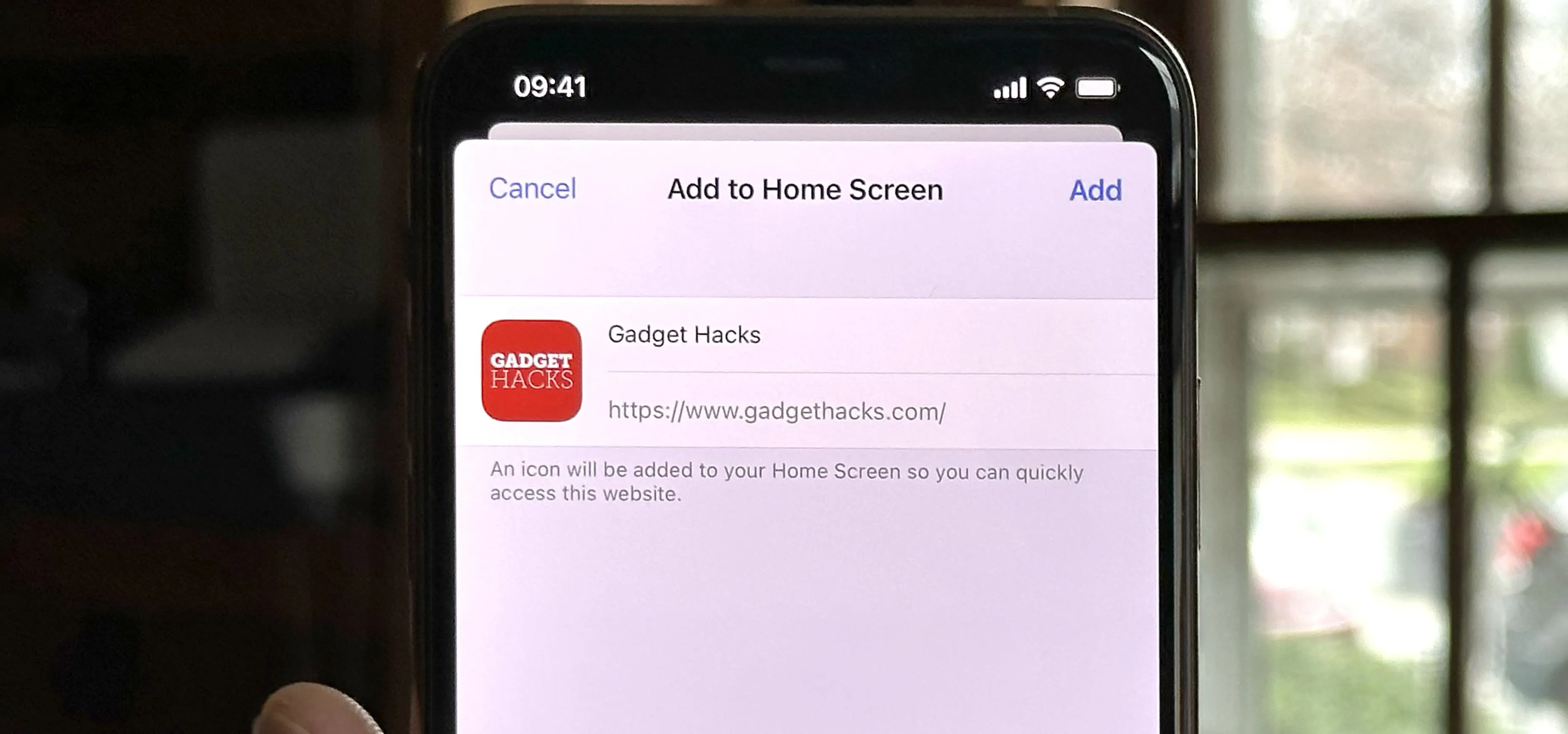 Add to Home Screen option for a website on a mobile device.